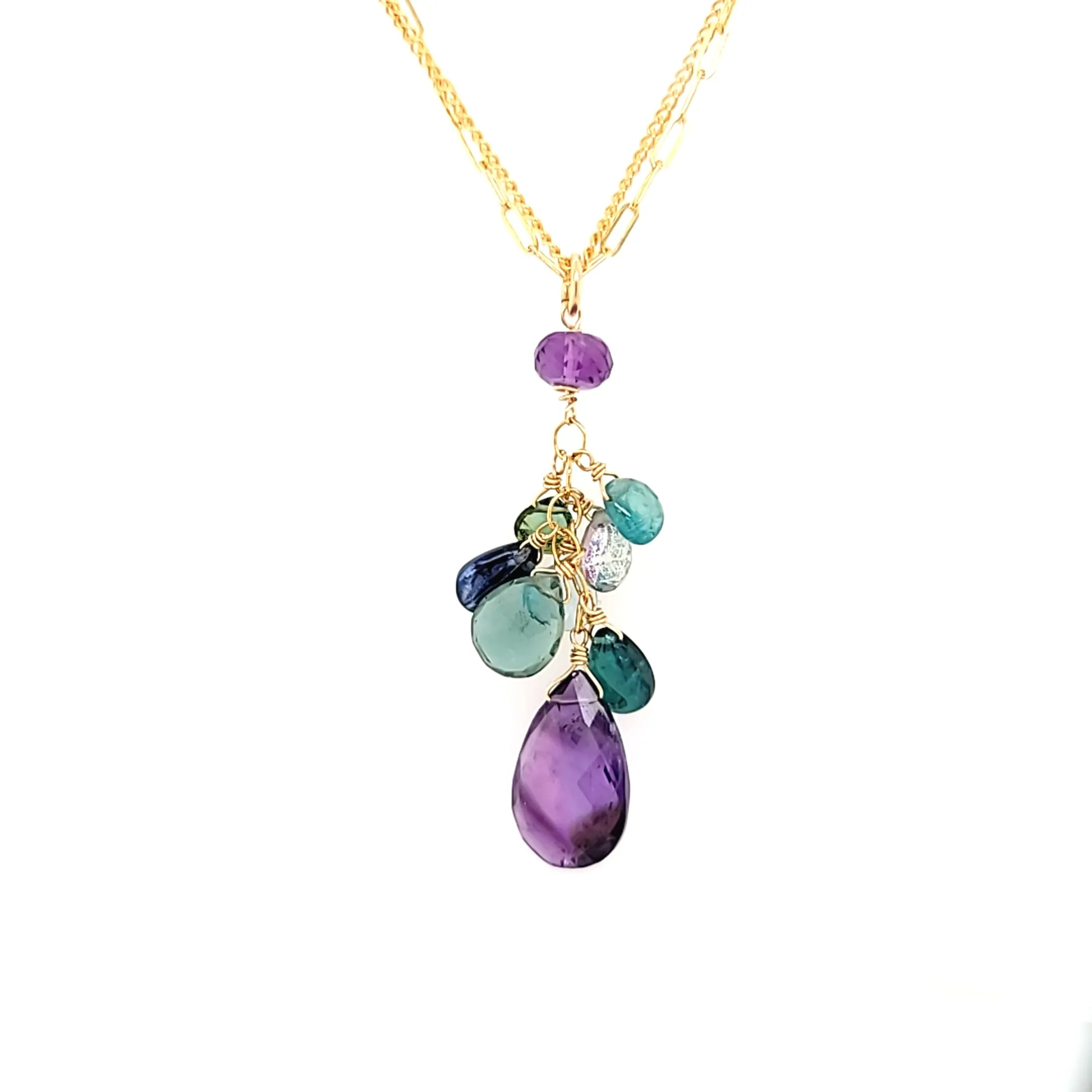 AVF Gold Amethyst, Grandidierite, Tourmaline, Kyanite, Topaz & Quartz Cluster Double Chain Necklace (SI3713)