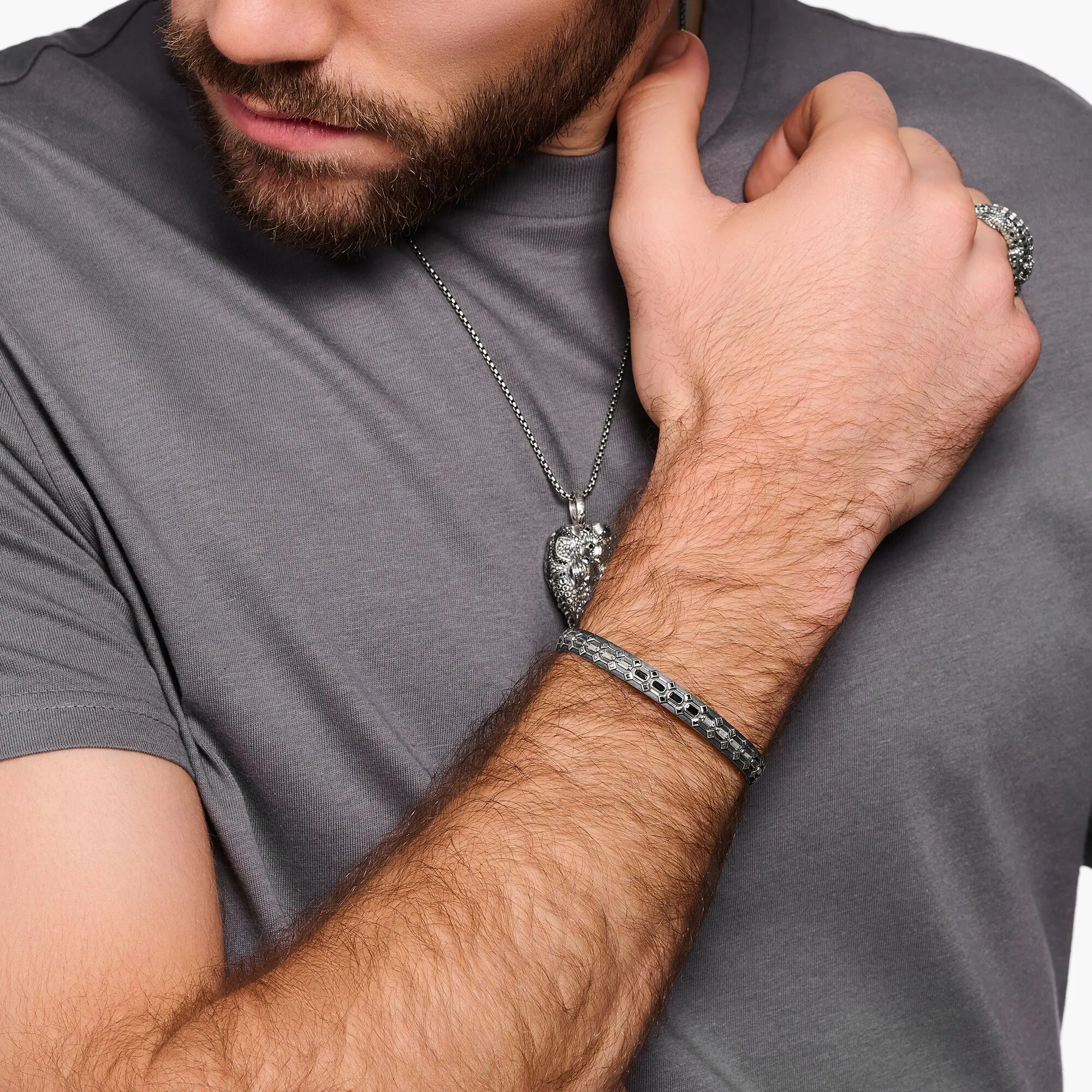 Bangle Crocodile shell with stones silver blackened