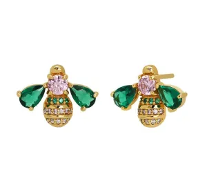 Beatrice Jewelled Bee Stud Earrings Blush Pink, Emerald Green and Gold