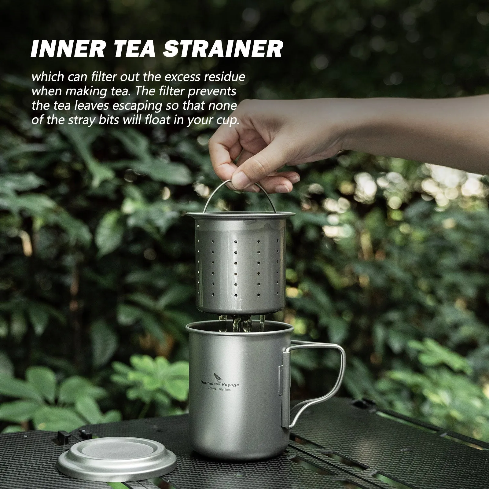 Boundless Voyage 450ml Titanium Cup with Filter Folding Handles Outdoor Camping Ti Tea Coffee Mug 15.2 fl oz Portable Lightweight Tea Maker Can Be Heated