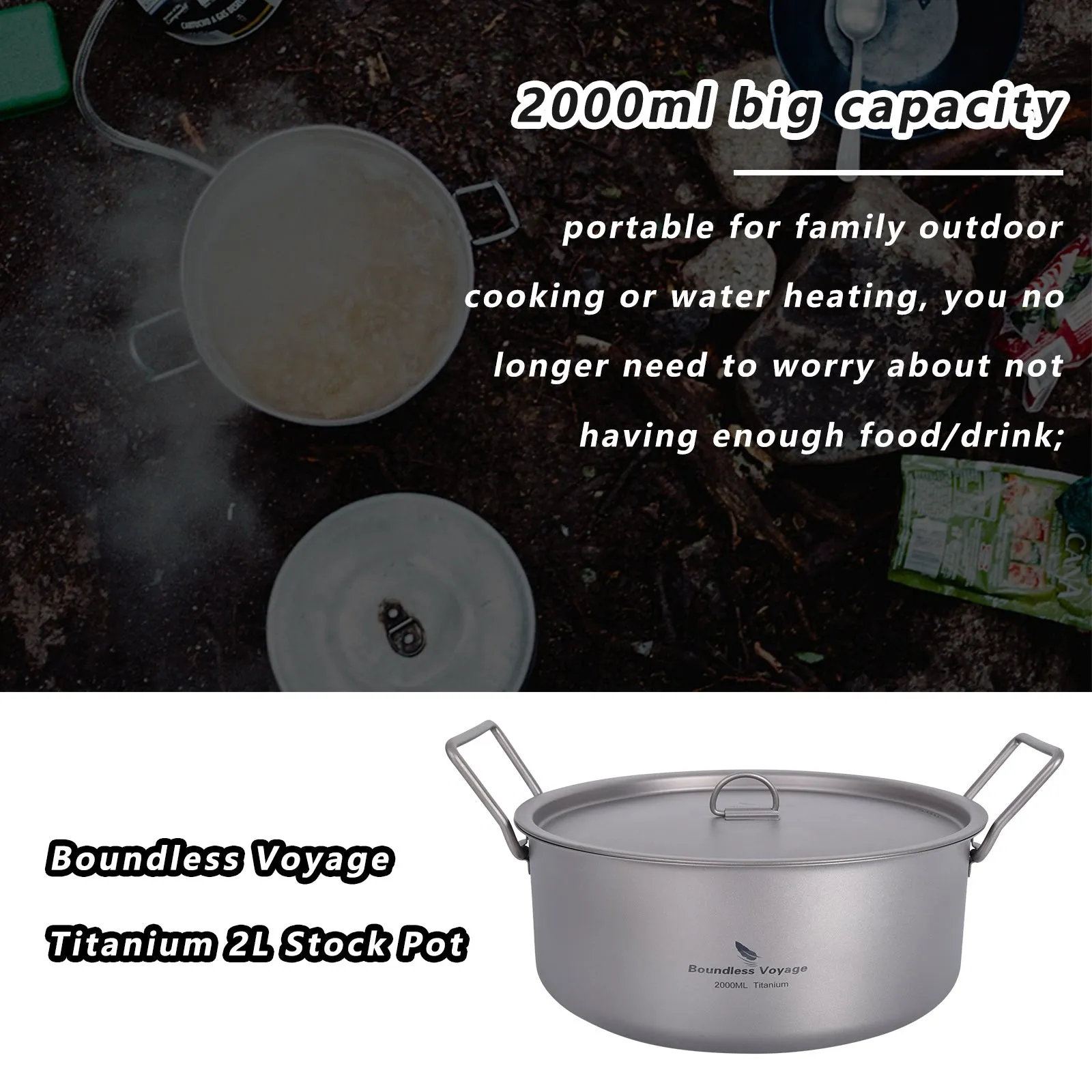 Boundless Voyage Outdoor Camping Titanium 2L Stock Pot with Lid Folding Handle Hiking Picnic Portable Big Capacity Soup Pot