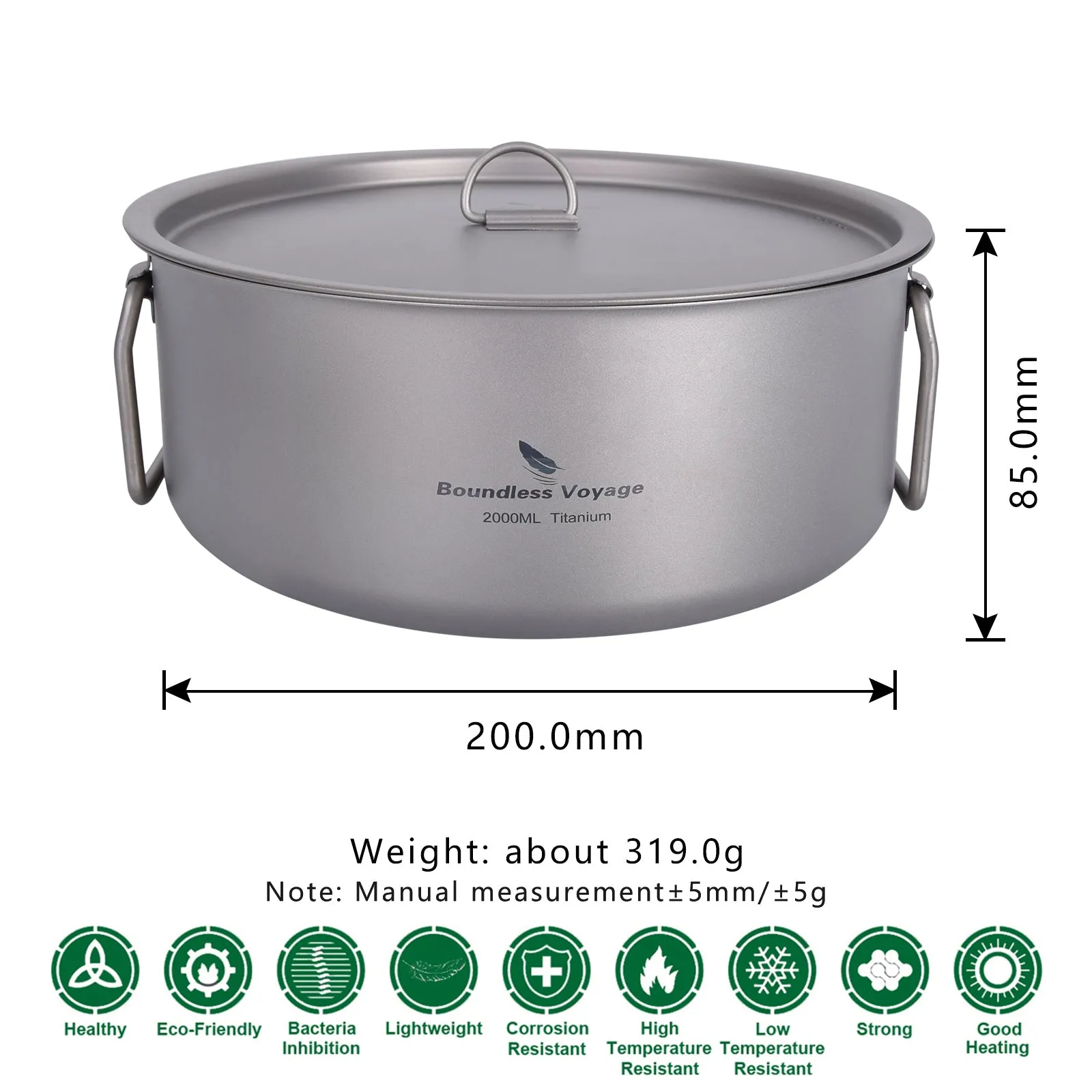 Boundless Voyage Outdoor Camping Titanium 2L Stock Pot with Lid Folding Handle Hiking Picnic Portable Big Capacity Soup Pot