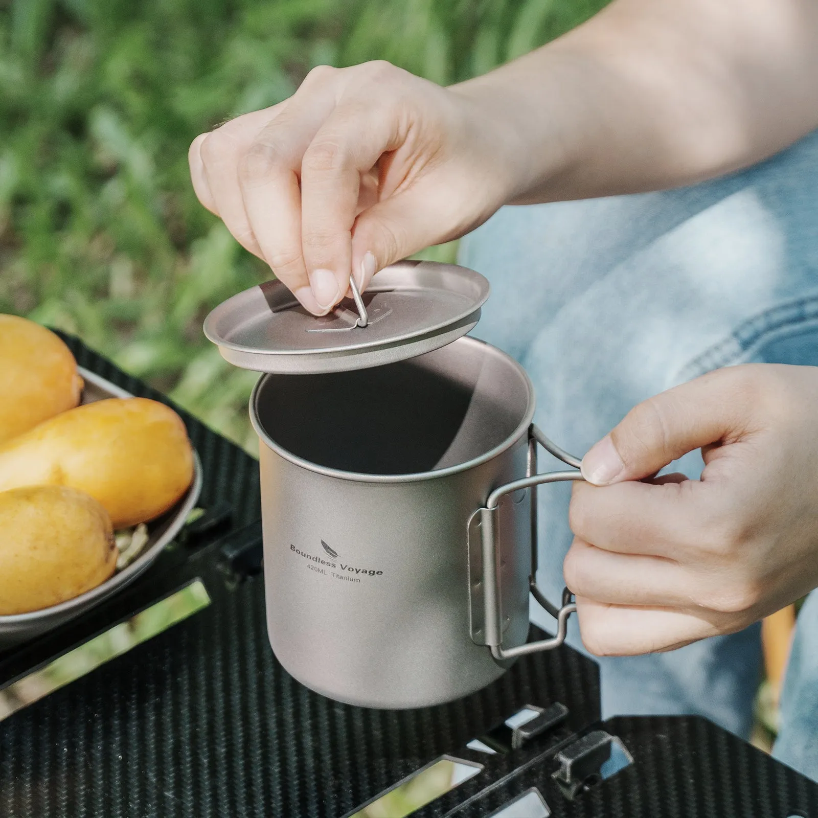 Boundless Voyage Outdoor Titanium Cup  420ml With Lid Camping Mug  Foldable Handle Outdoor Hiking Ultralight Portable Water  Coffee Tea Cup