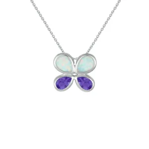 Butterfly Pendant - Created Opal & Purple Amethyst Necklace in Silver