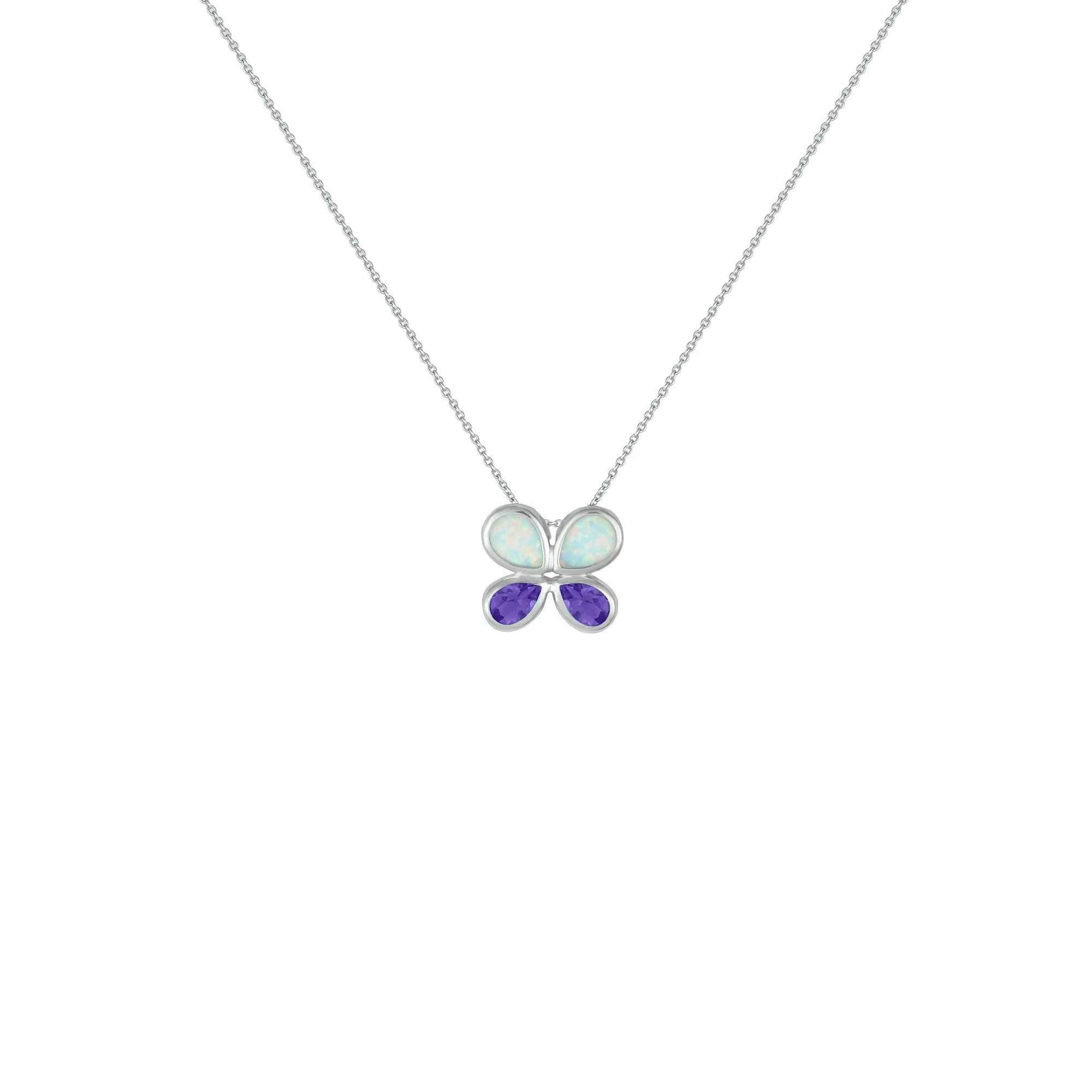 Butterfly Pendant - Created Opal & Purple Amethyst Necklace in Silver