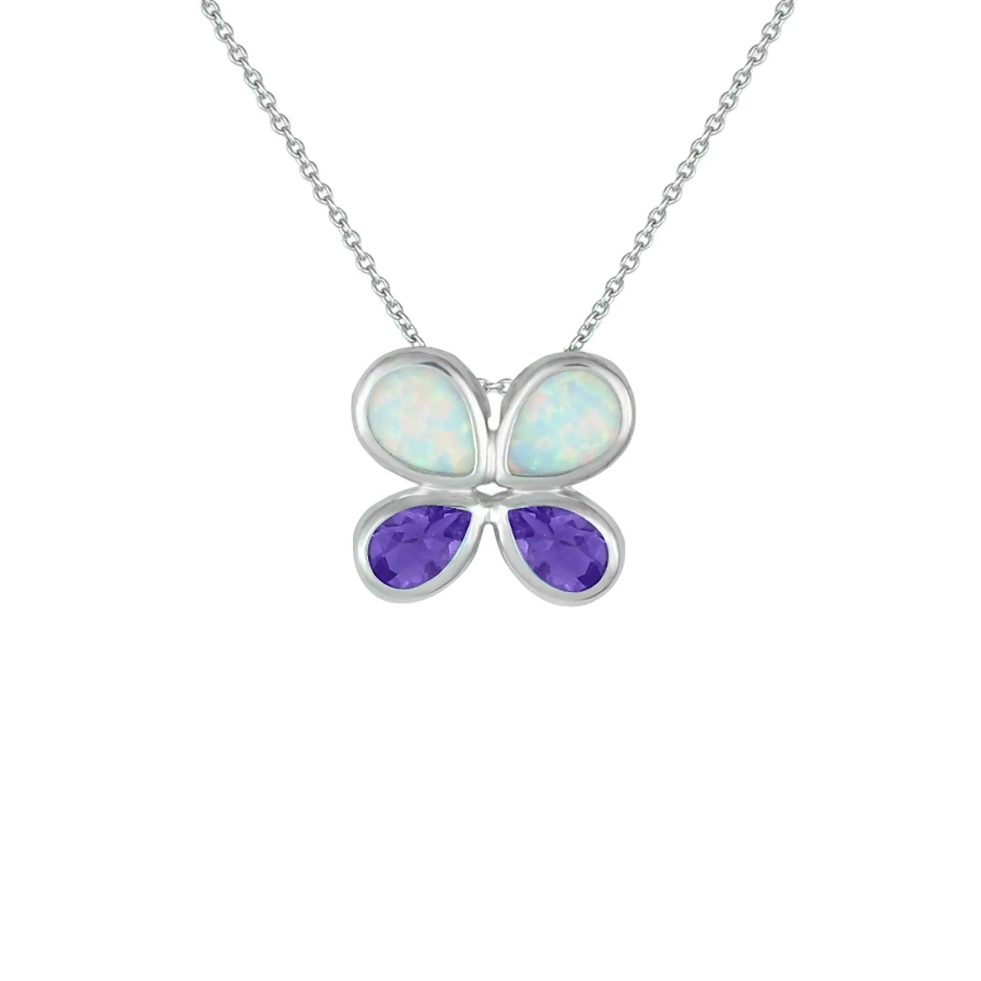 Butterfly Pendant - Created Opal & Purple Amethyst Necklace in Silver