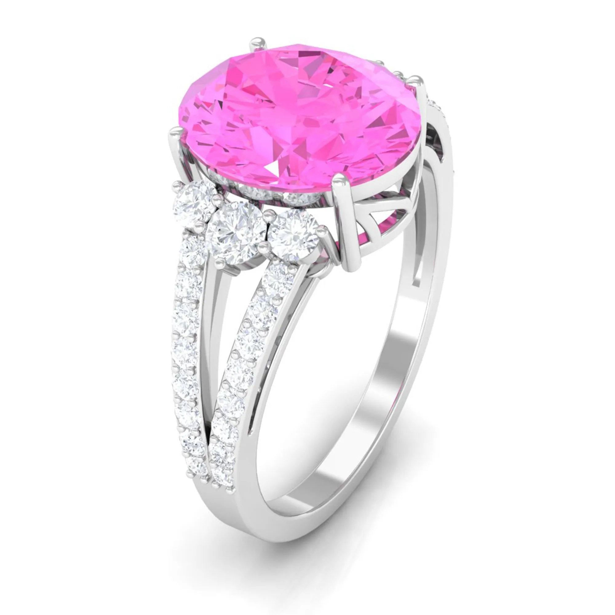 Certified Lab Created Pink Sapphire Oval Engagement Ring With Moissanite