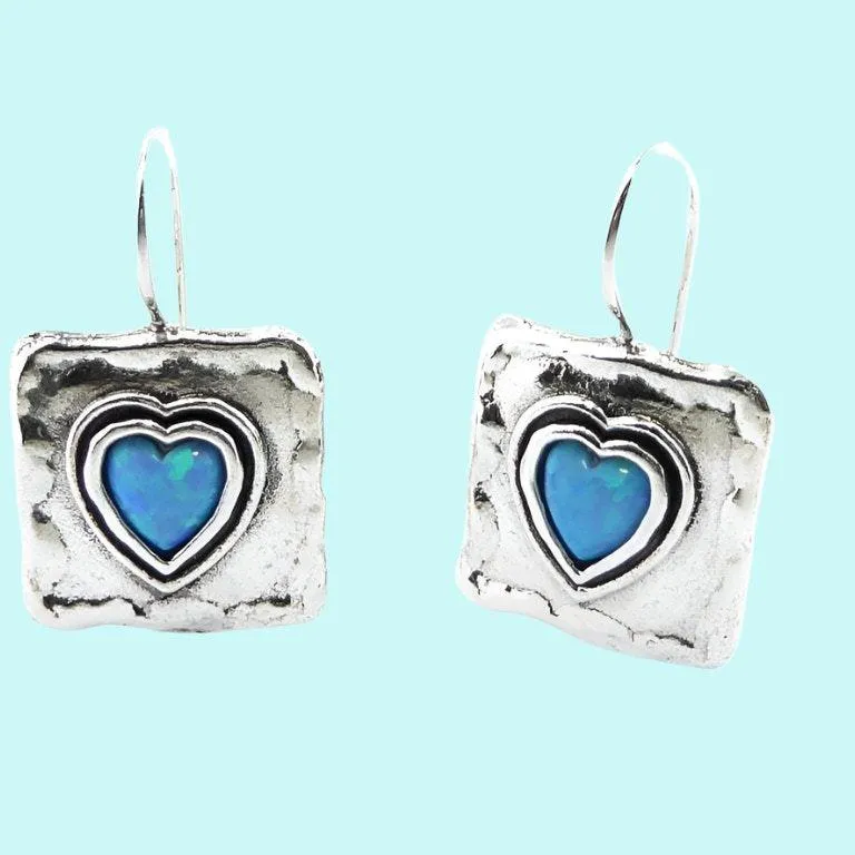 Charming dangling silver earrings for woman, blue opal heart  earrings jewelry, israelische schmuck, joyas de moda, orecchini opalo argento