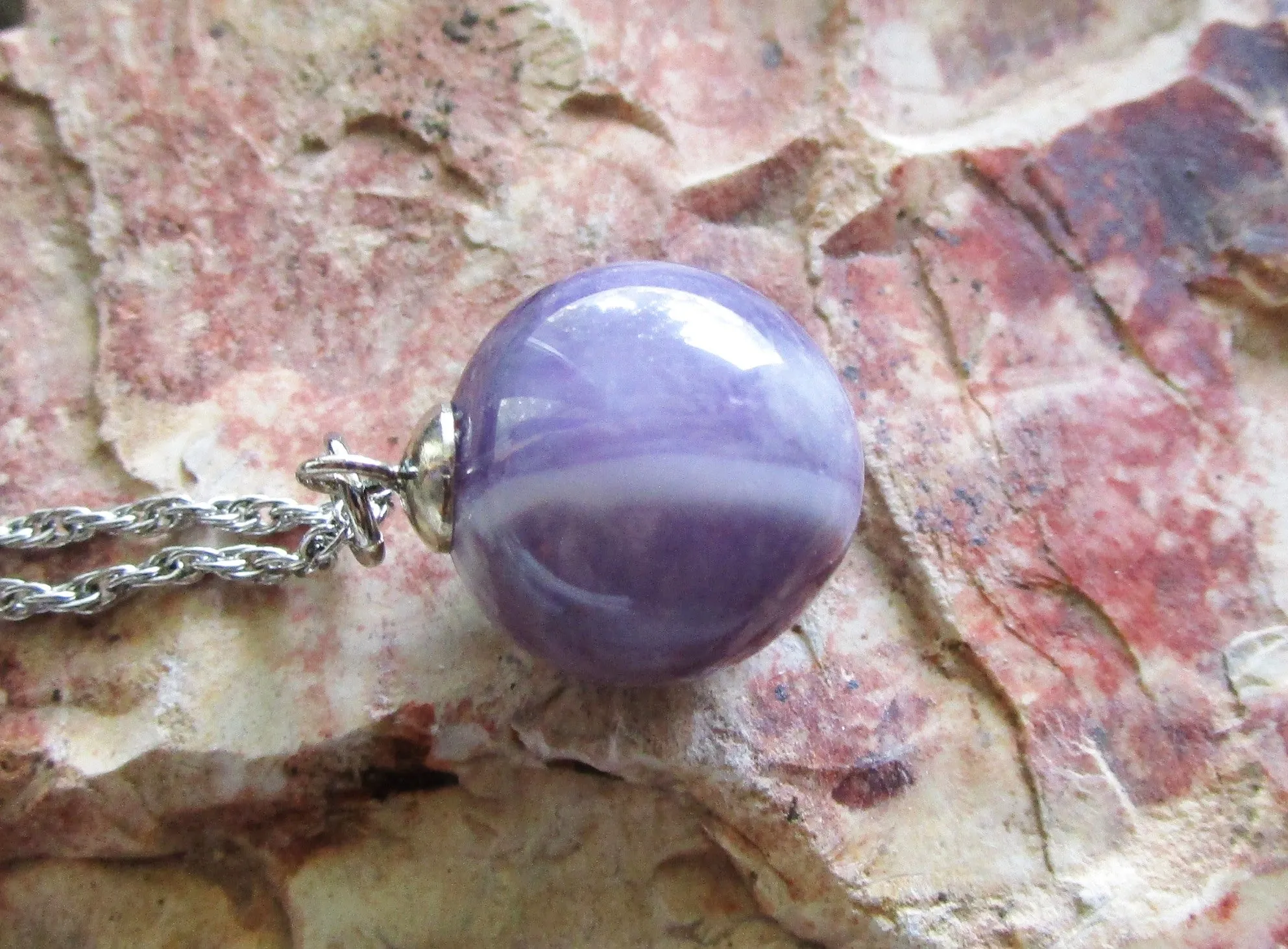 Chevron Amethyst Natural Purple Crystal Ball Pendant Necklace