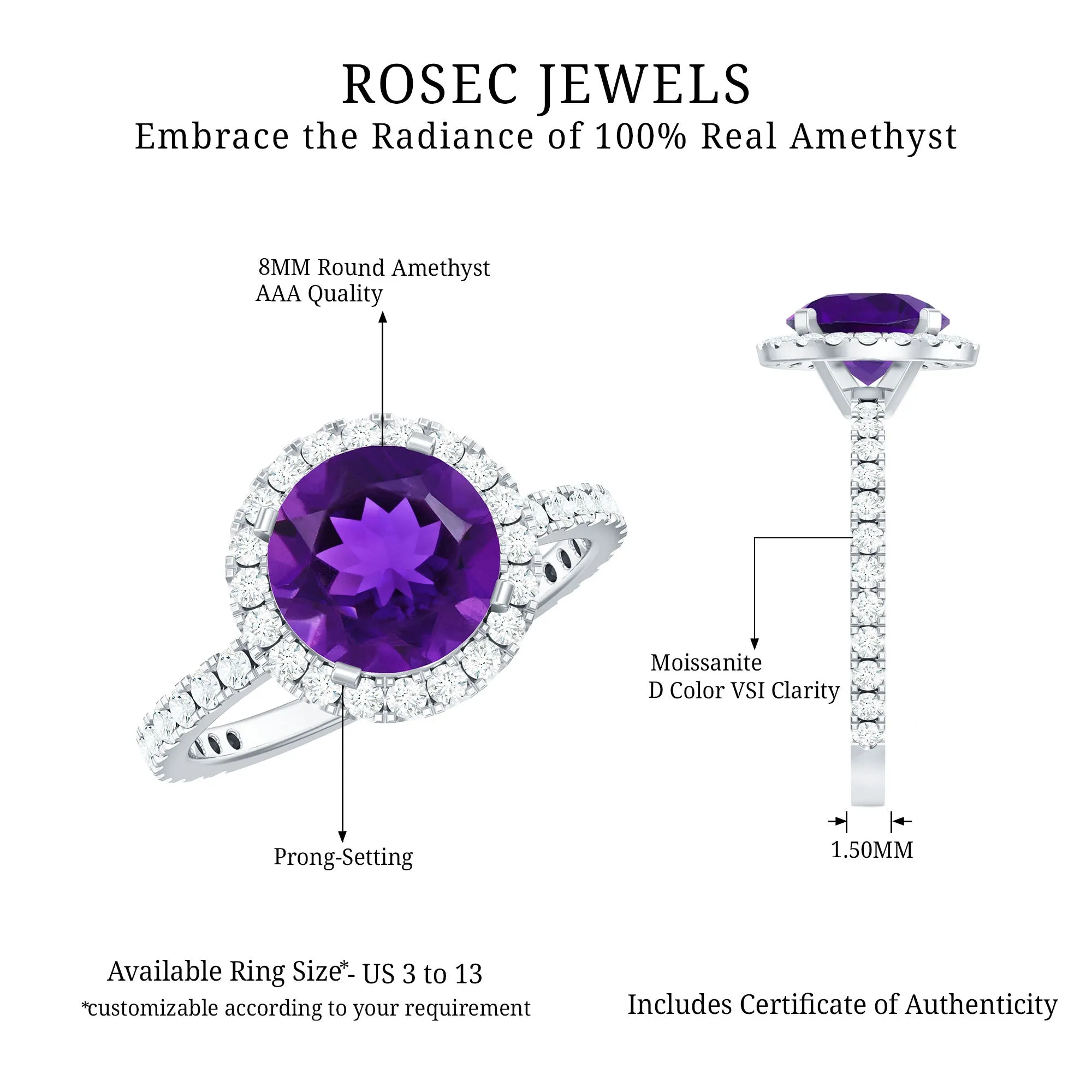 Classic Round Amethyst Engagement Ring with Moissanite Halo