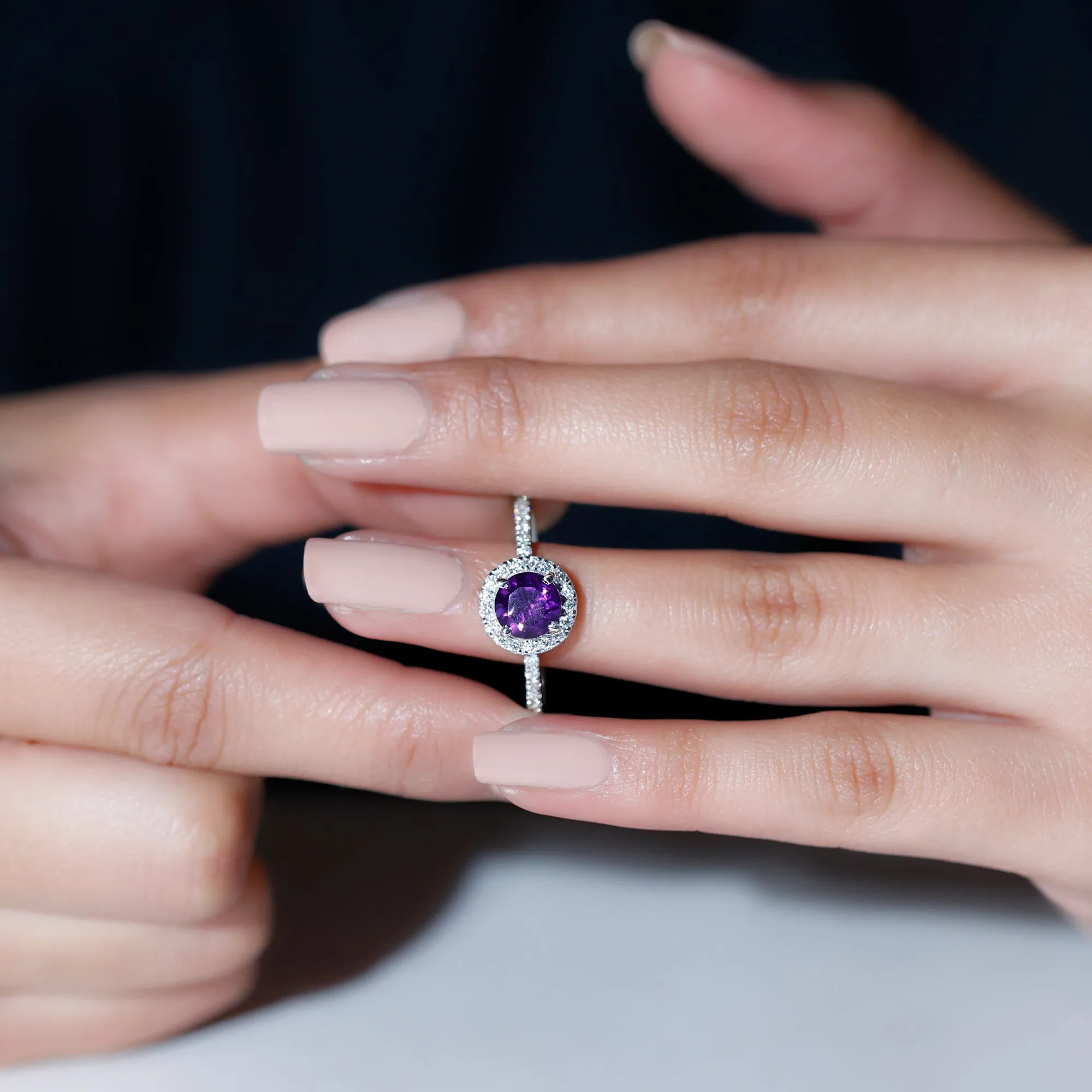 Classic Round Amethyst Engagement Ring with Moissanite Halo