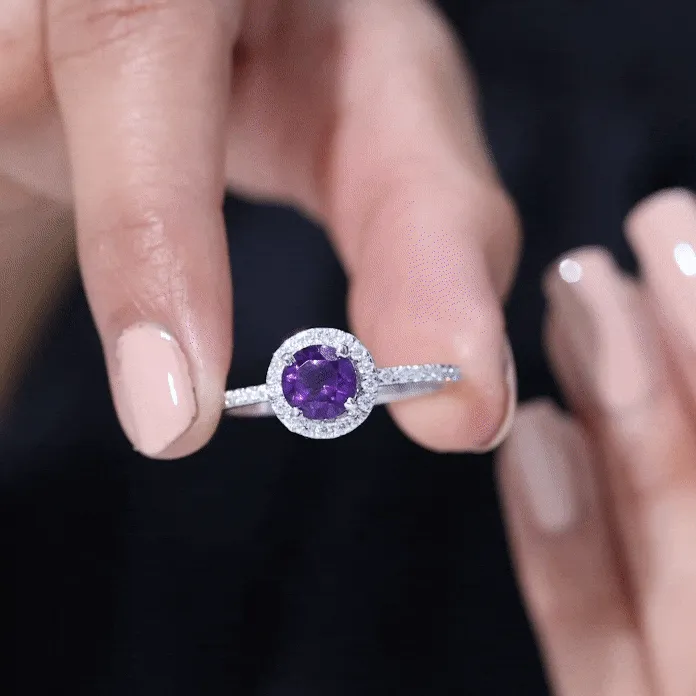 Classic Round Amethyst Engagement Ring with Moissanite Halo