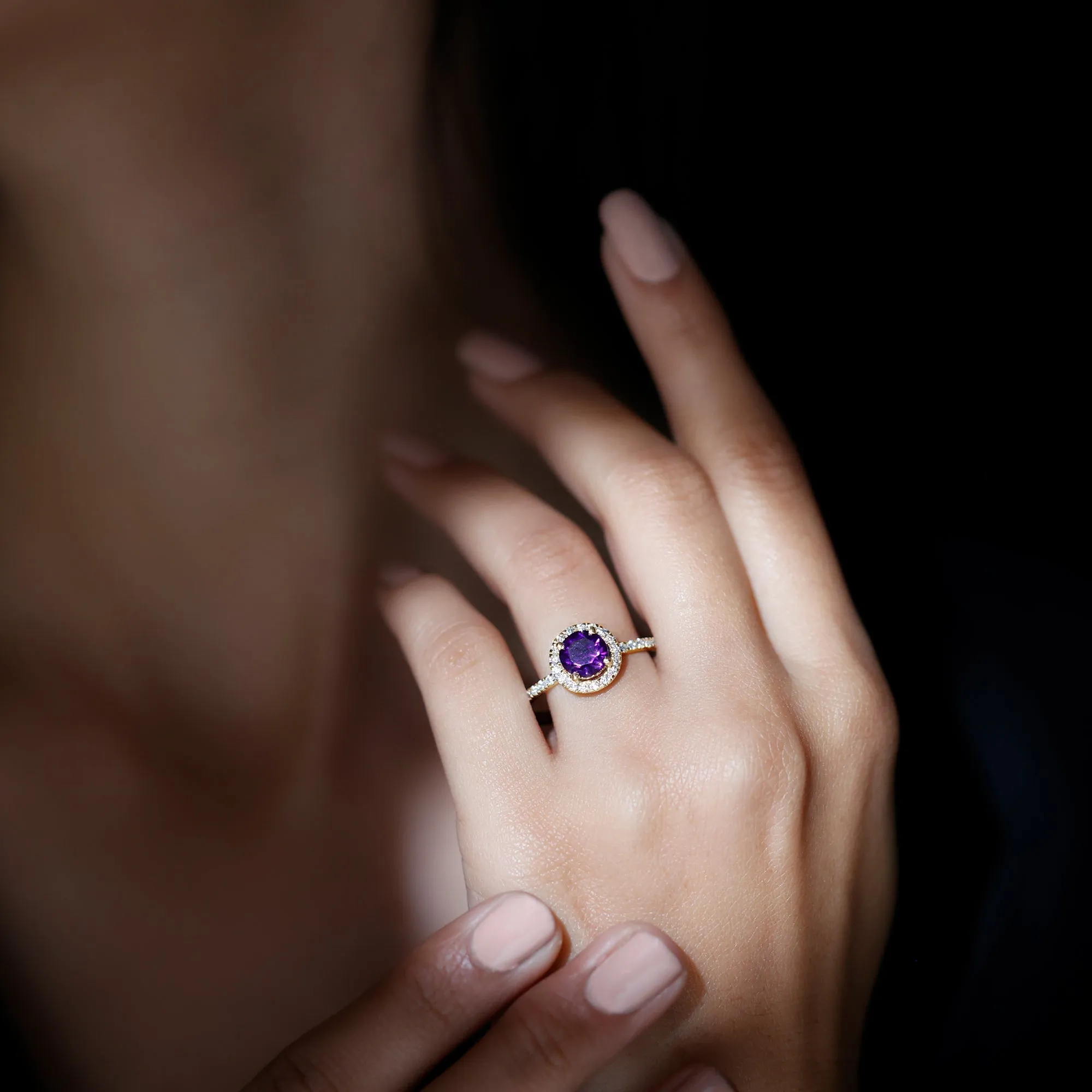 Classic Round Amethyst Engagement Ring with Moissanite Halo