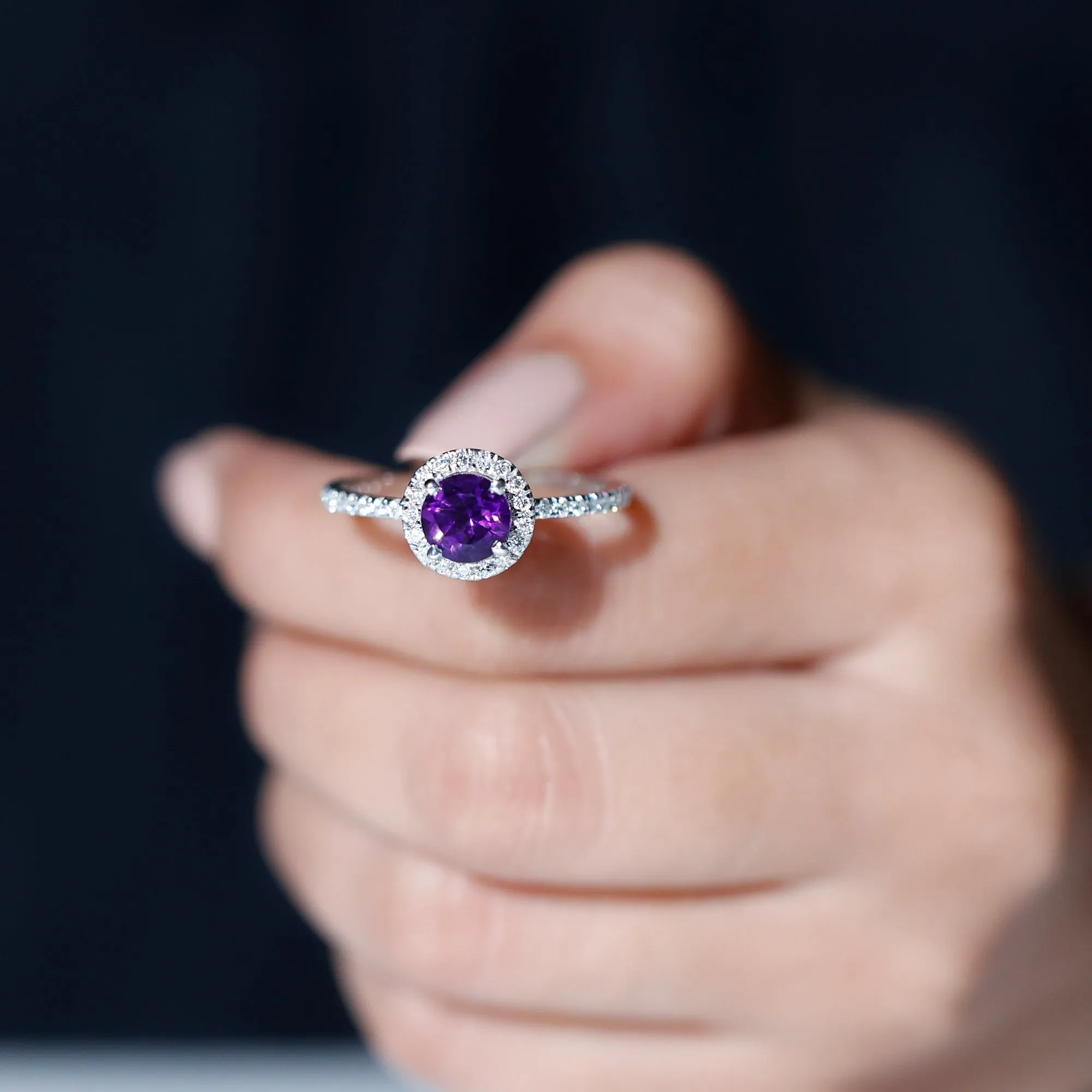 Classic Round Amethyst Engagement Ring with Moissanite Halo