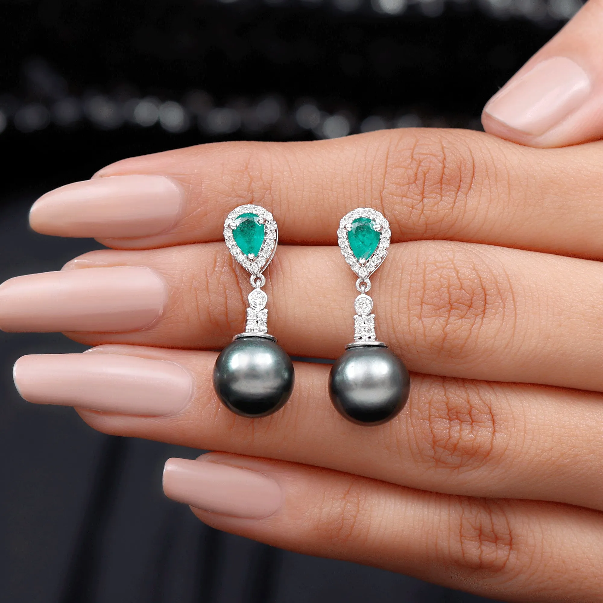 Classic Tahitian Pearl Dangle Earrings with Emerald and Diamond