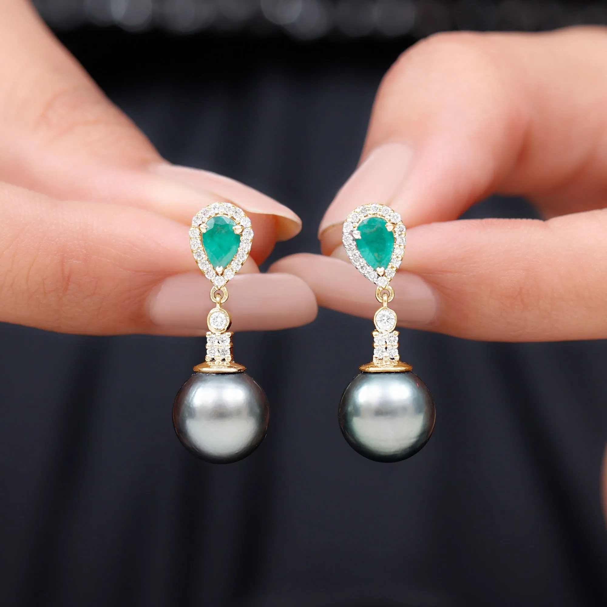 Classic Tahitian Pearl Dangle Earrings with Emerald and Diamond