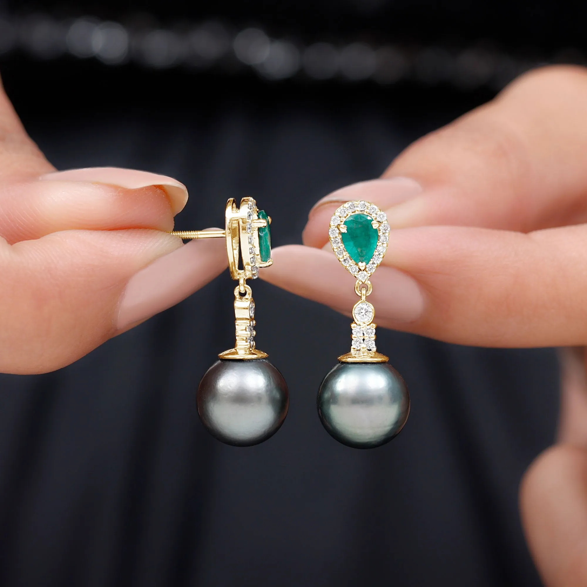 Classic Tahitian Pearl Dangle Earrings with Emerald and Diamond