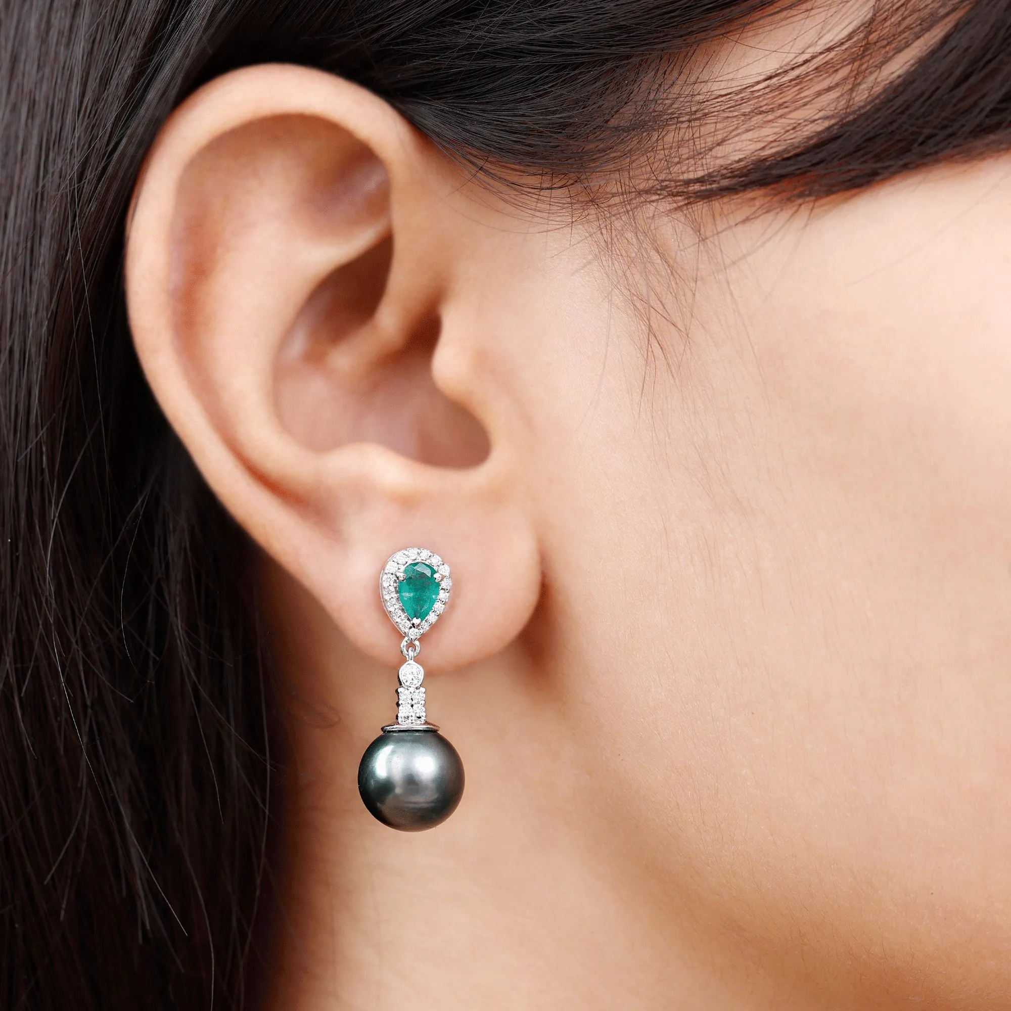 Classic Tahitian Pearl Dangle Earrings with Emerald and Diamond