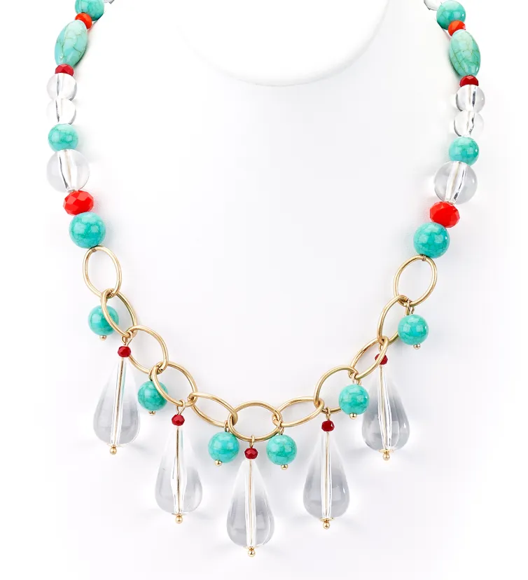 Clear Teardrops and Turquoise Beads Collar Necklace