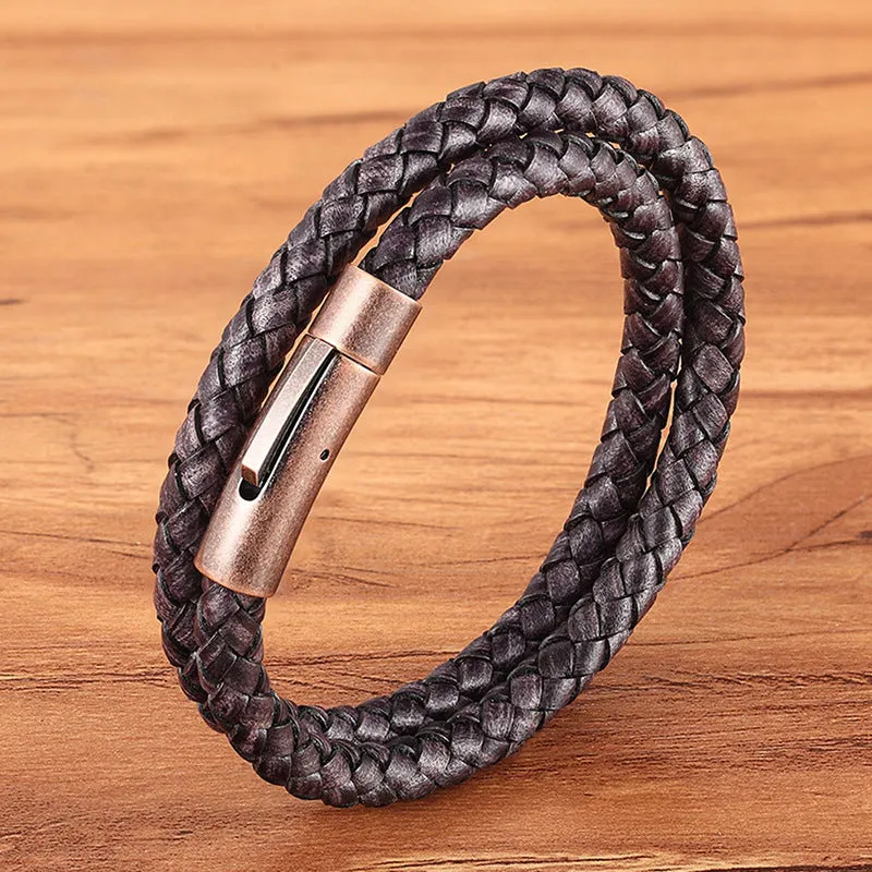 Copper Color Titanium Steel Bracelet Leather Cord Braided Magnet Clasp Bracelet