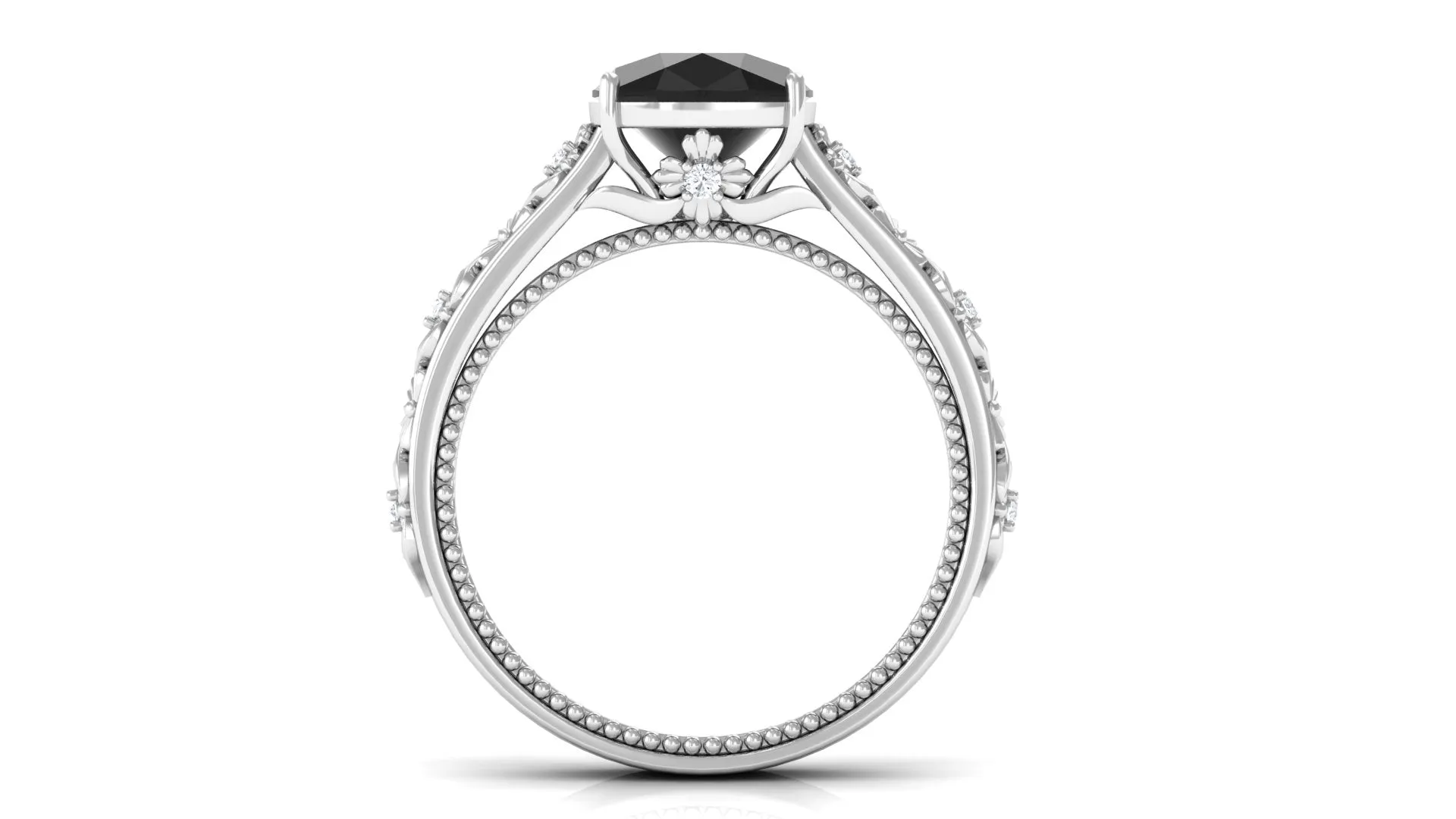 Cushion Cut Solitaire Black Spinel Floral Engagement Ring with Diamond