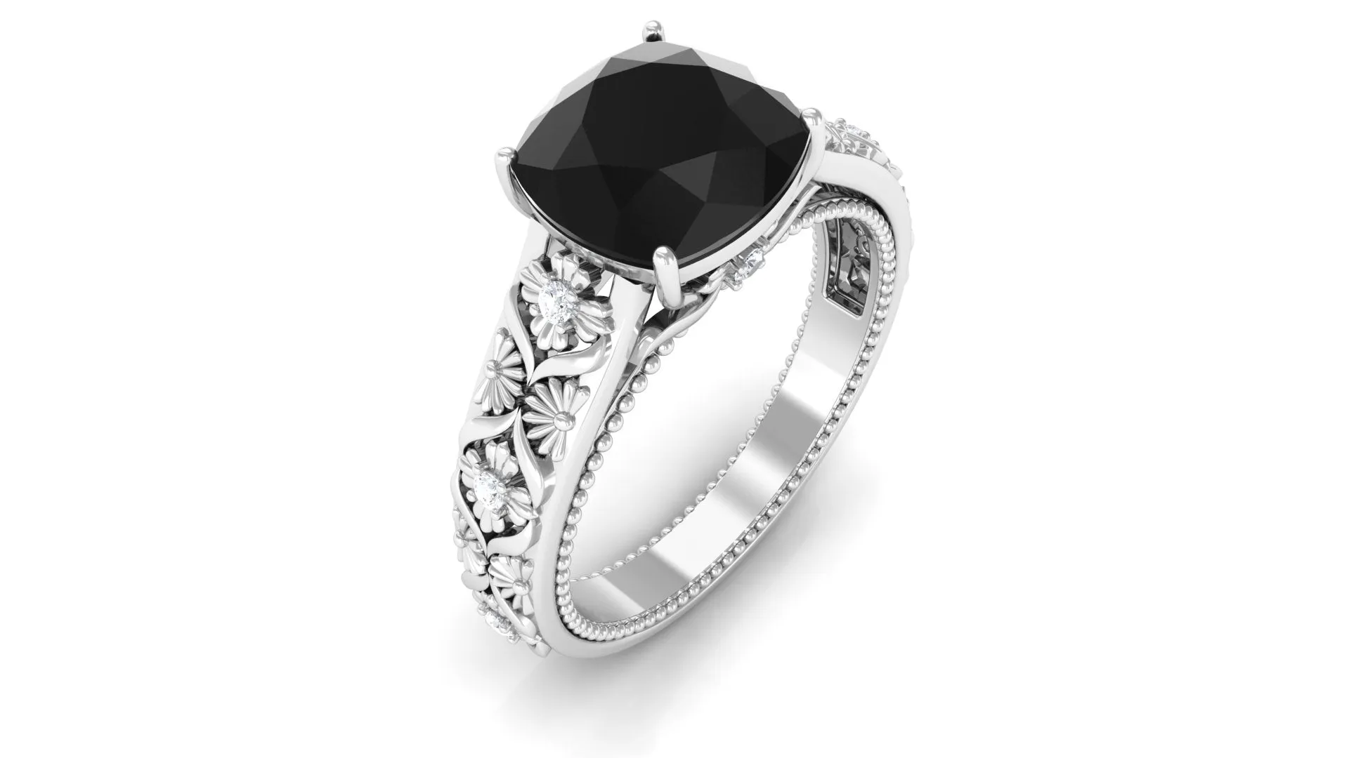 Cushion Cut Solitaire Black Spinel Floral Engagement Ring with Diamond