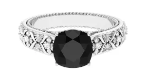 Cushion Cut Solitaire Black Spinel Floral Engagement Ring with Diamond