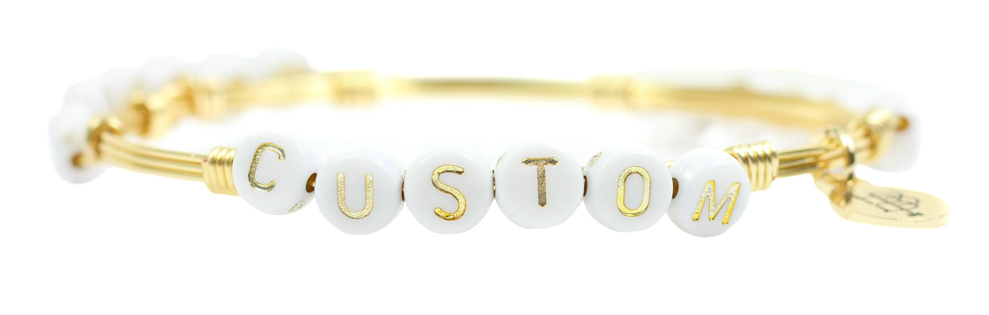 Custom Word Bangle Bracelet - Gold   White