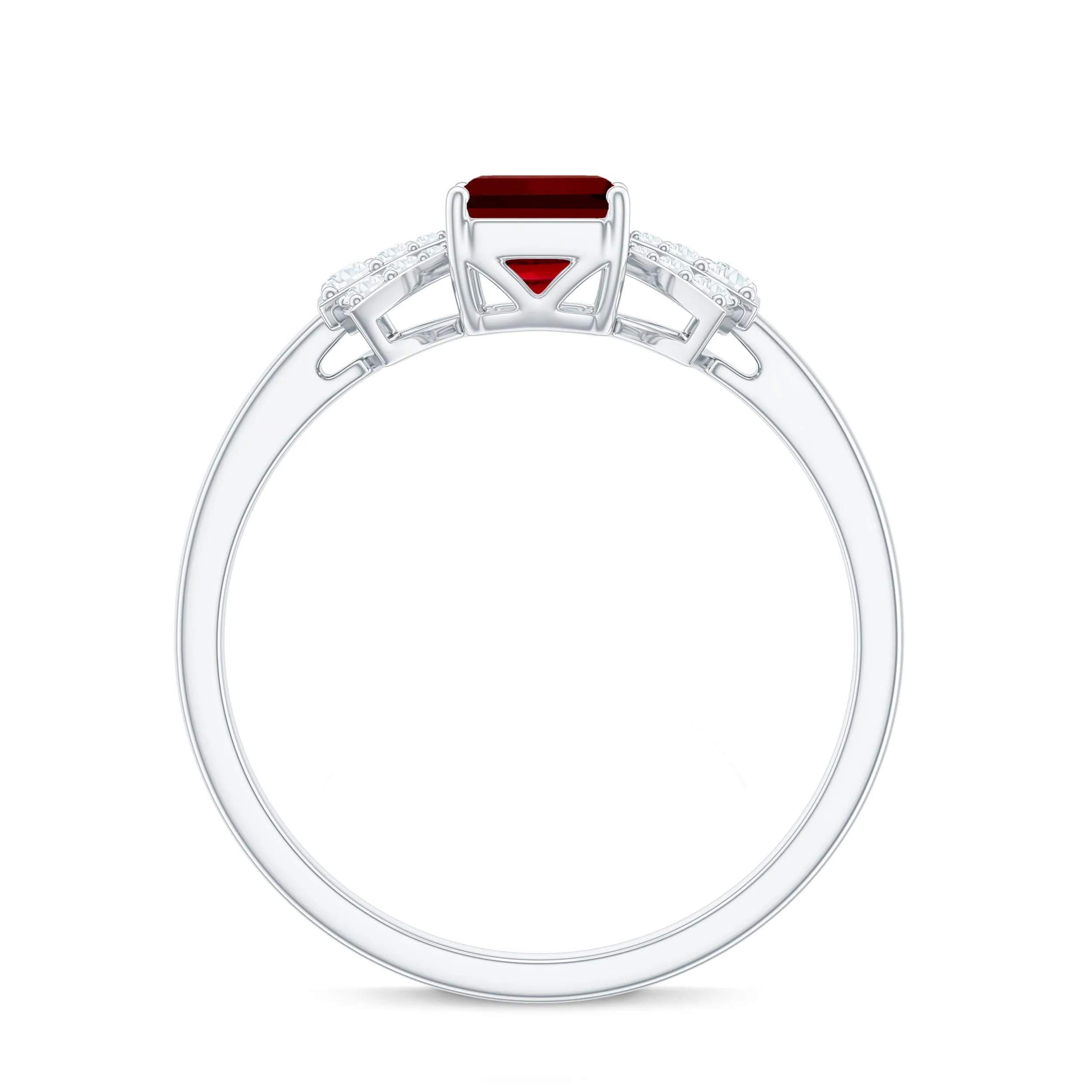 Designer Emerald Cut Lab Grown Ruby Solitaire Ring with Diamond