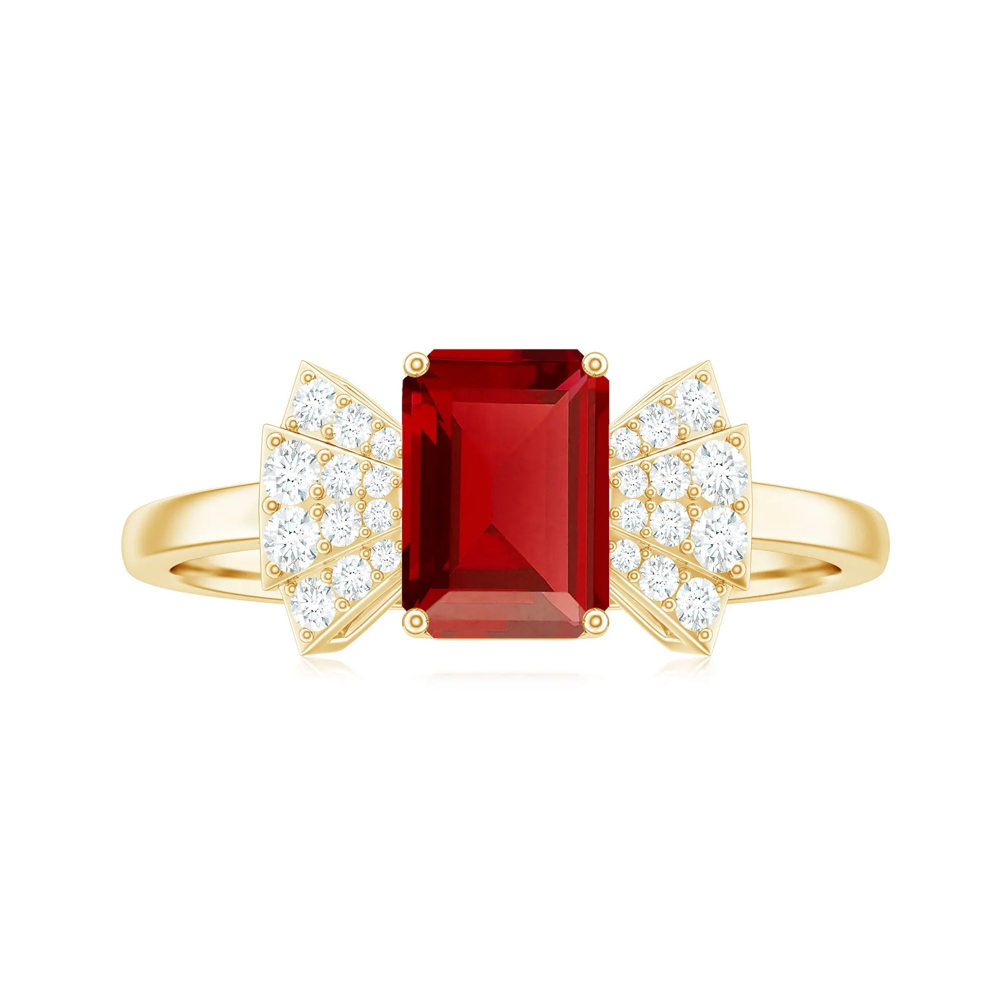 Designer Emerald Cut Lab Grown Ruby Solitaire Ring with Diamond