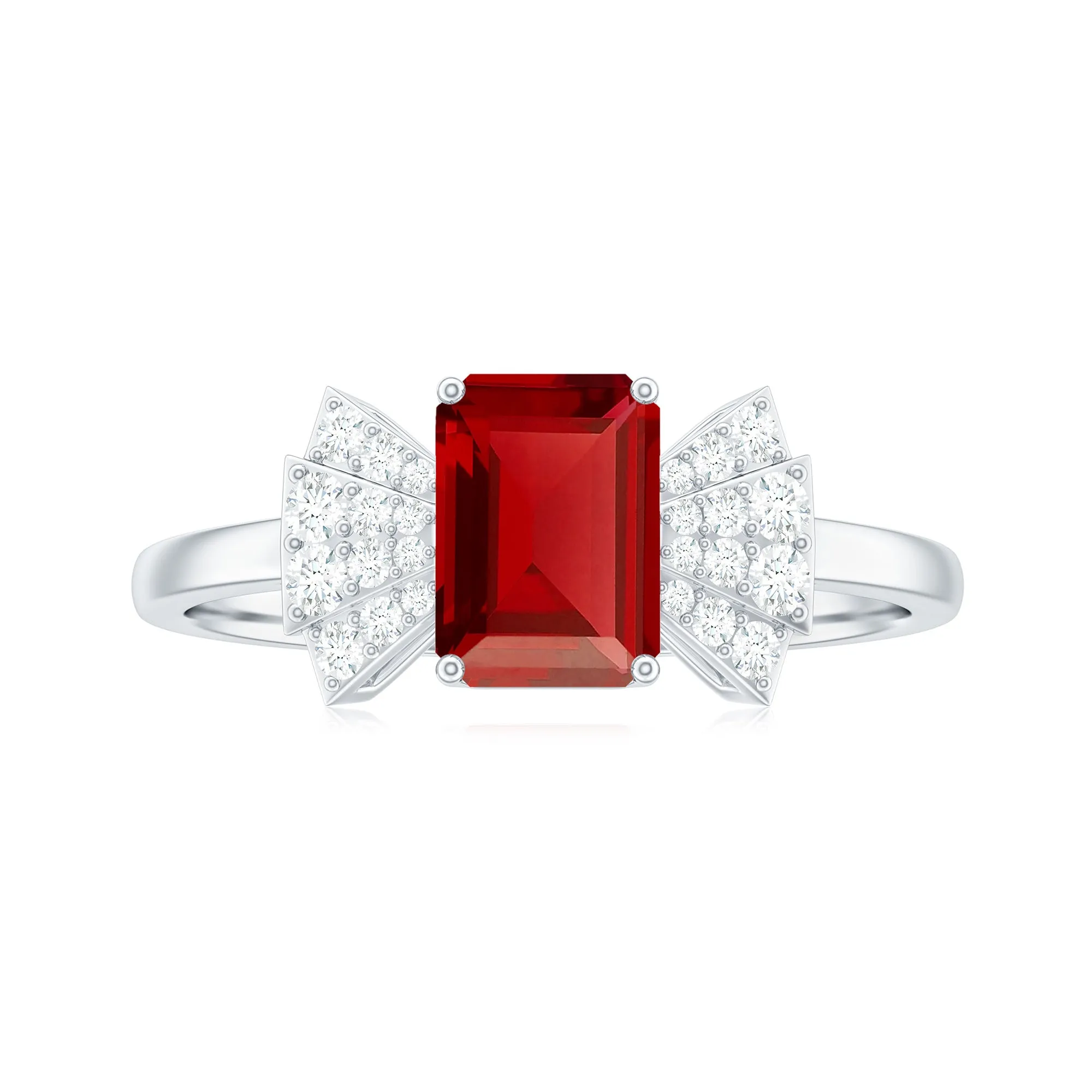 Designer Emerald Cut Lab Grown Ruby Solitaire Ring with Diamond