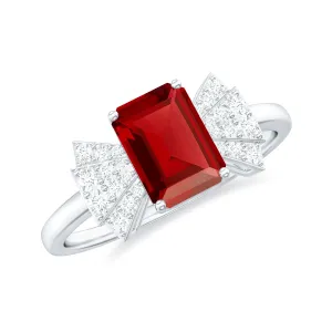 Designer Emerald Cut Lab Grown Ruby Solitaire Ring with Diamond