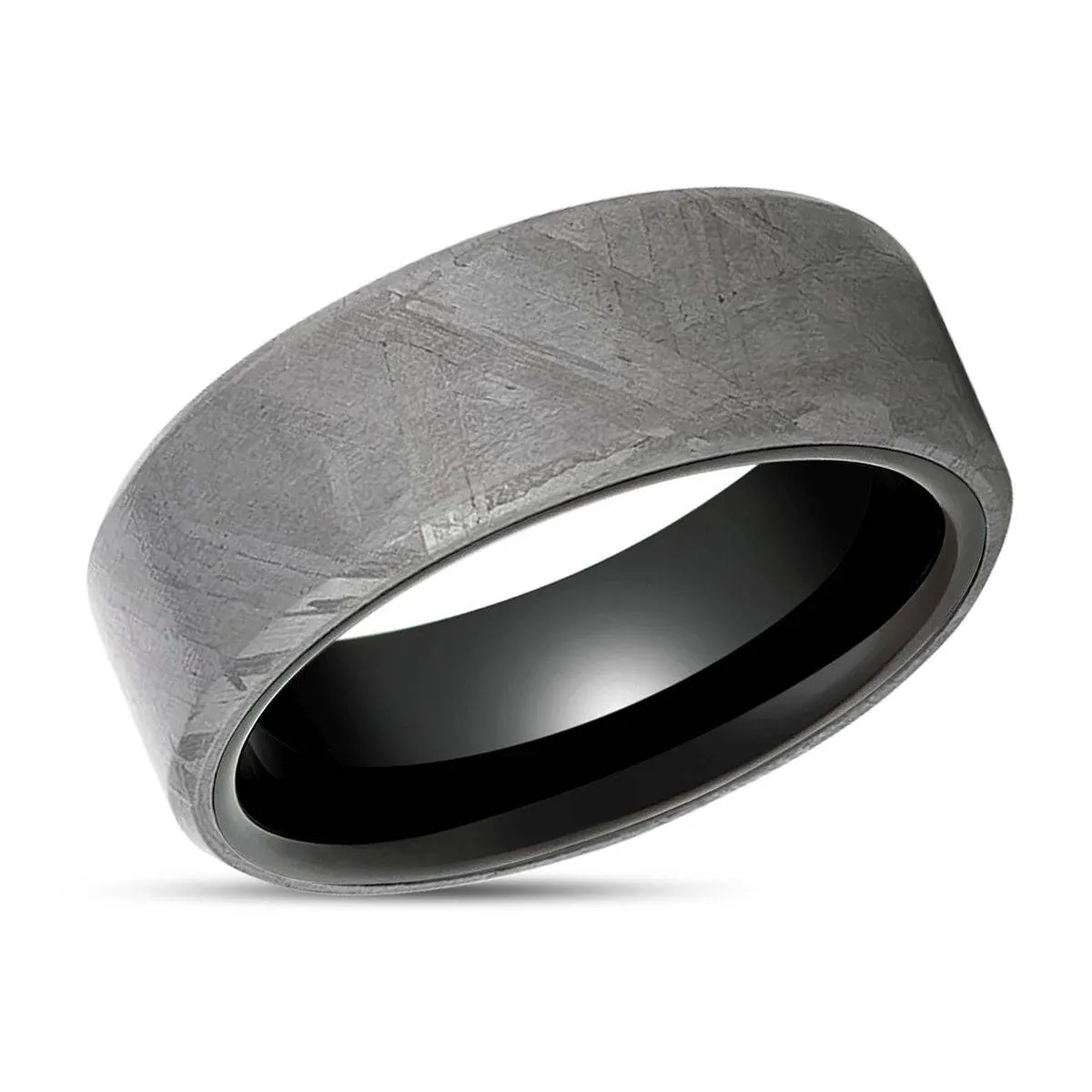 DIEMOS | Black Titanium Ring, Meteorite Inlay, Beveled