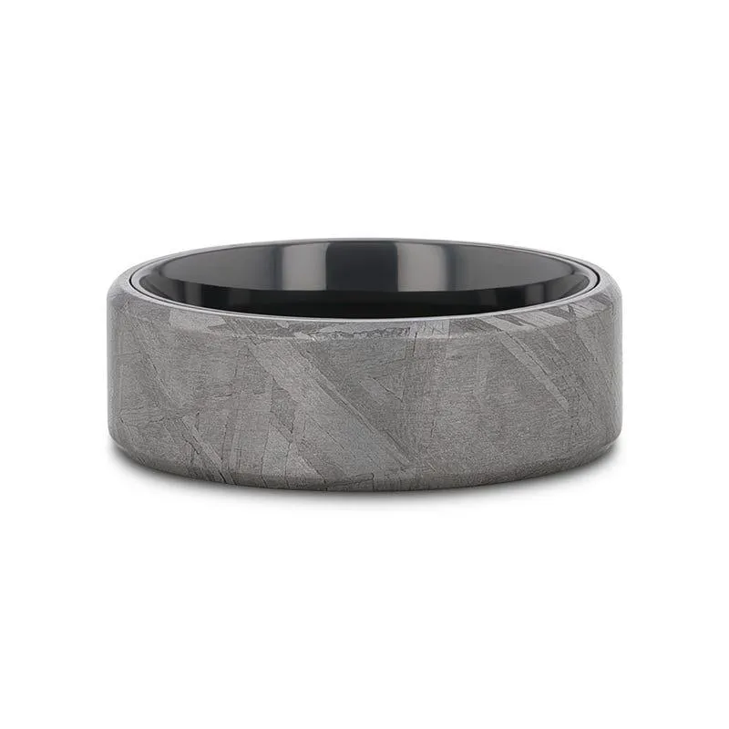 DIEMOS | Black Titanium Ring, Meteorite Inlay, Beveled