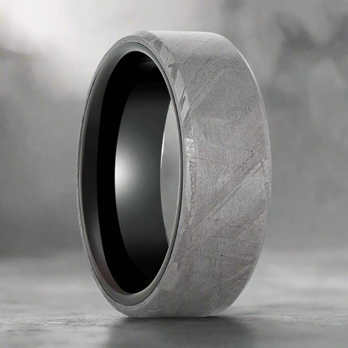 DIEMOS | Black Titanium Ring, Meteorite Inlay, Beveled