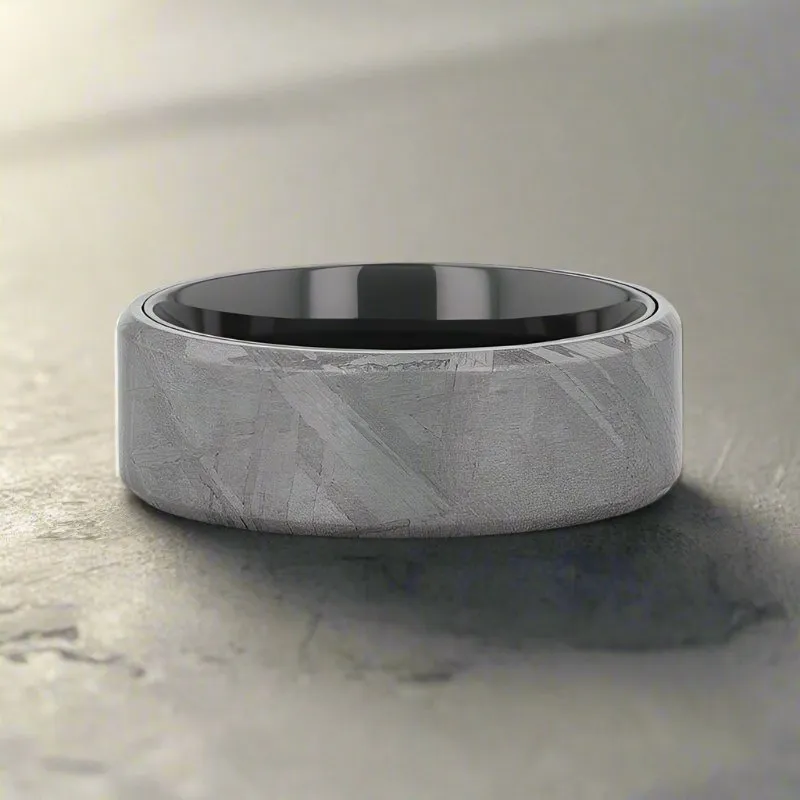 DIEMOS | Black Titanium Ring, Meteorite Inlay, Beveled