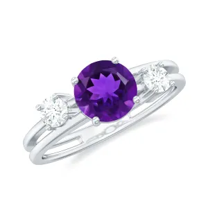 Double Band Engagement Ring with Amethyst and Diamond