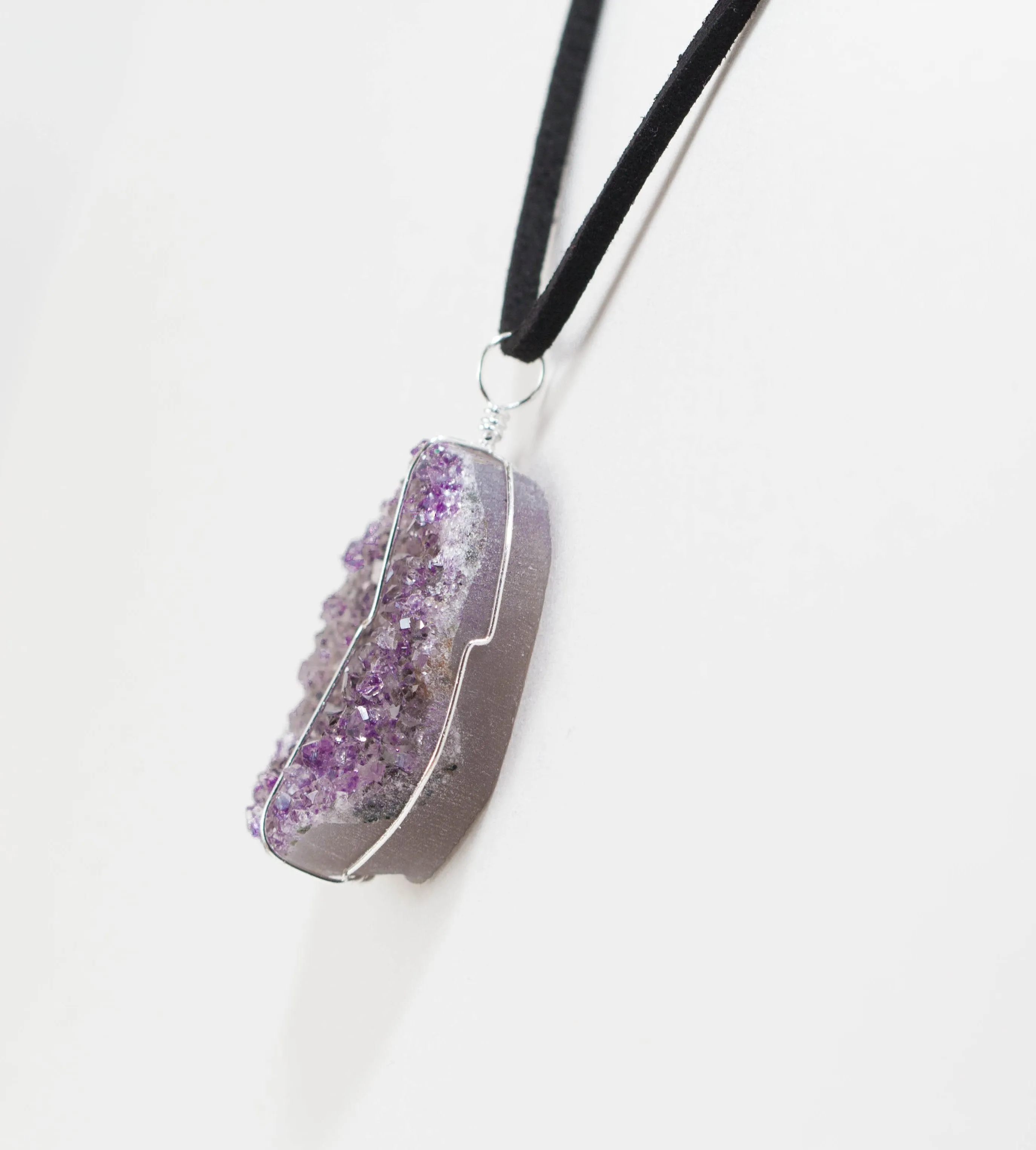 Druse Crystal Pendant on Leather Necklace