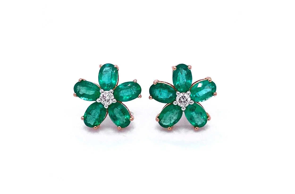 Earrings Flowers 18kt Gold Emerald & Diamonds