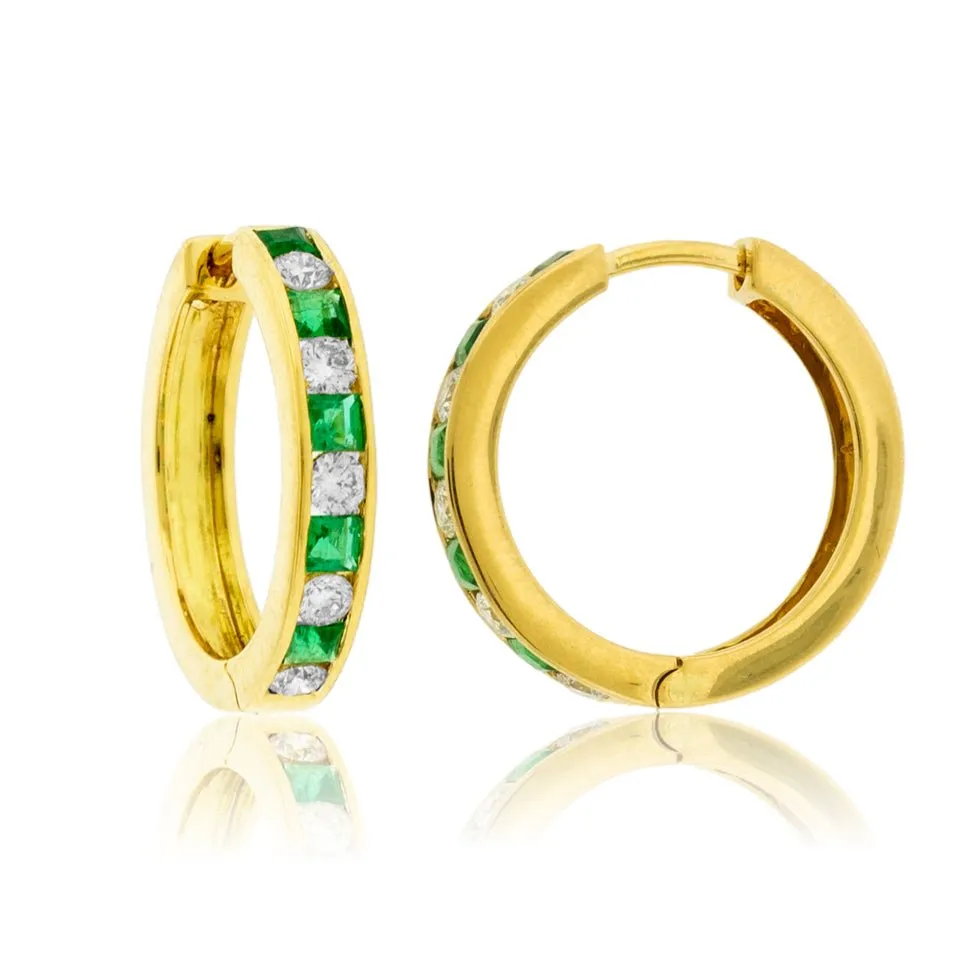 Emerald & Diamond Alternating Hoop Earrings