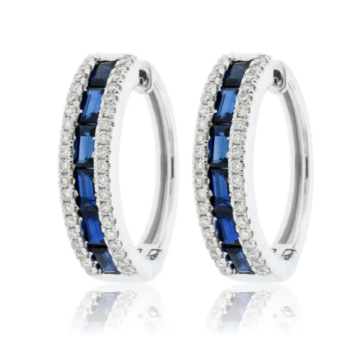 Emerald Cut Sapphire and Diamond Hoop Earrings