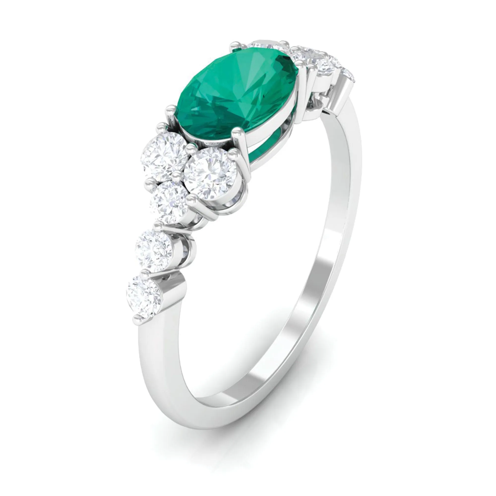 Emerald Solitaire East West Ring with Diamond Side Stones