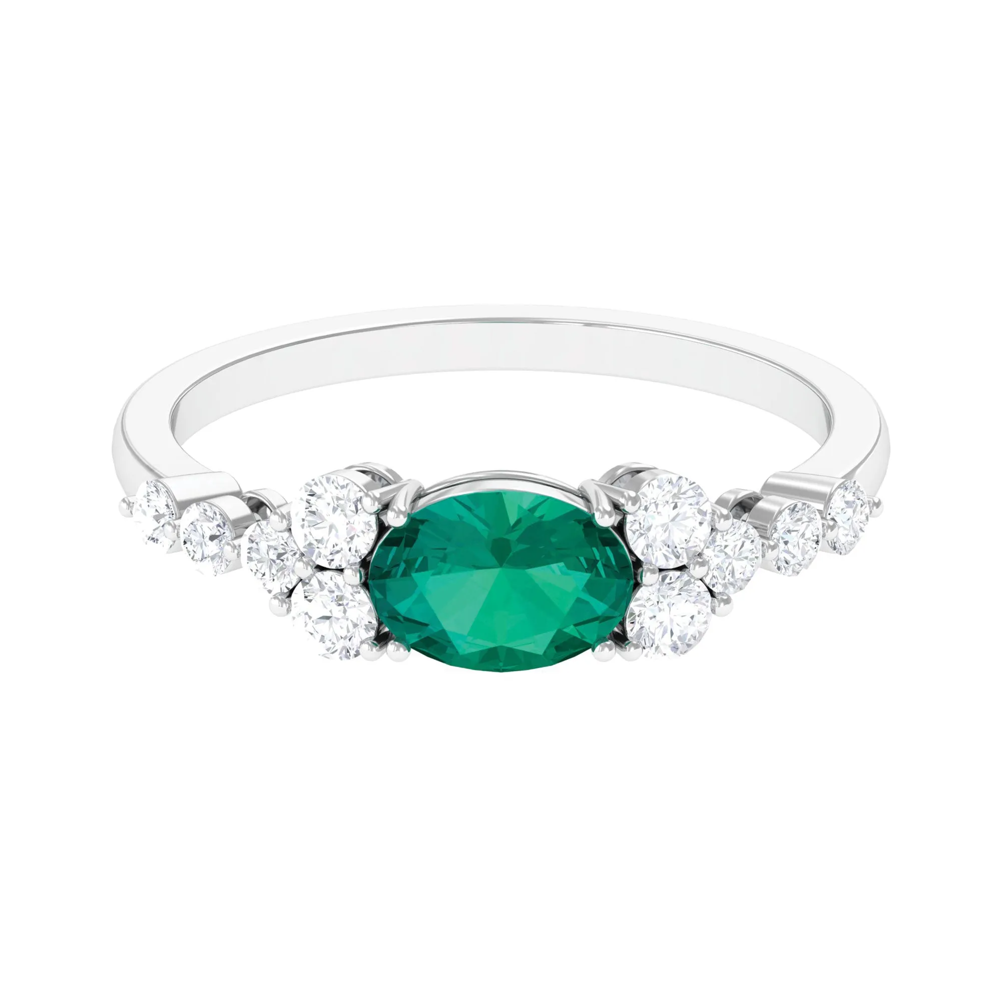 Emerald Solitaire East West Ring with Diamond Side Stones