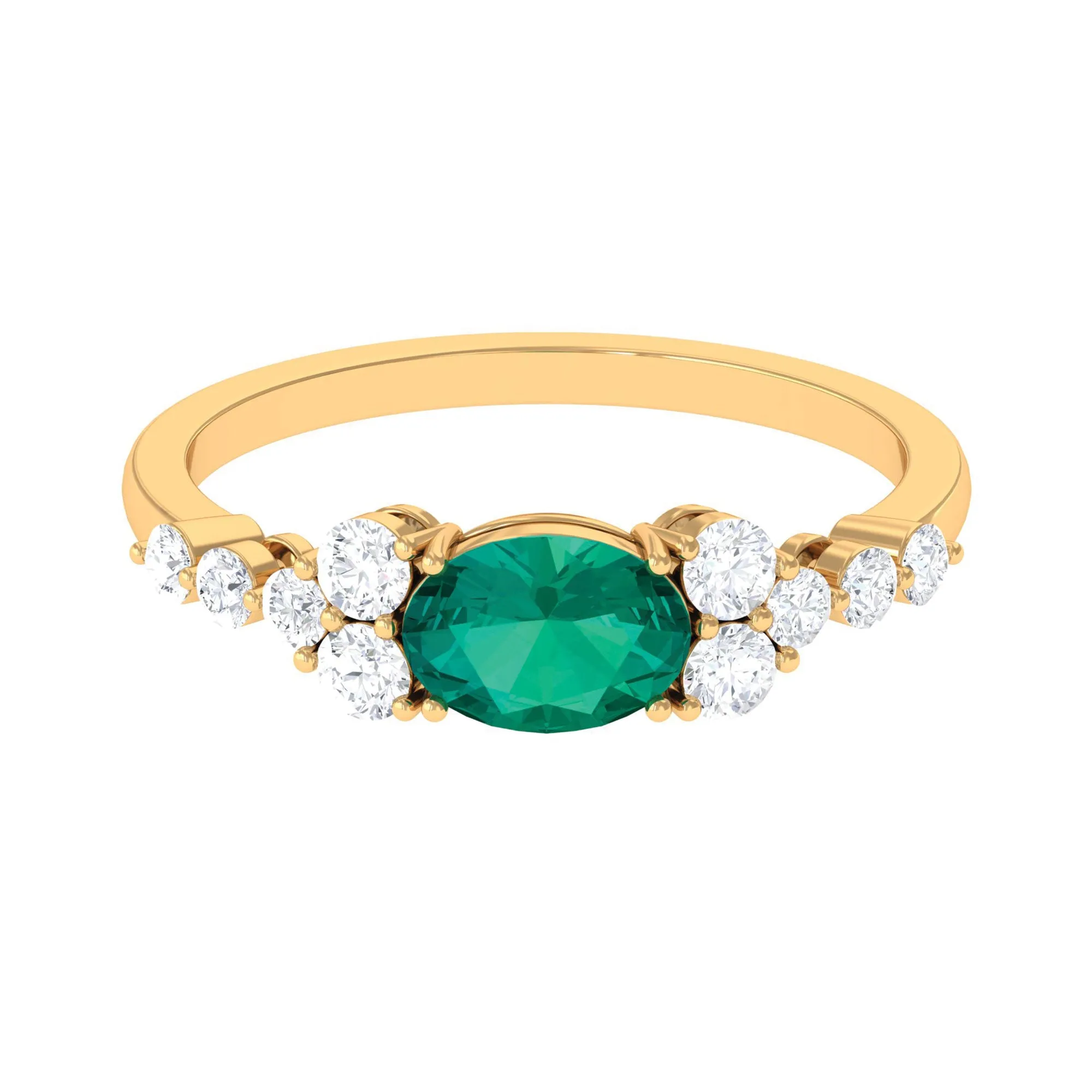 Emerald Solitaire East West Ring with Diamond Side Stones