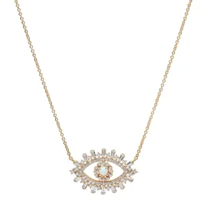 Evil Eye Necklace With Opal Center And Baguette CZ