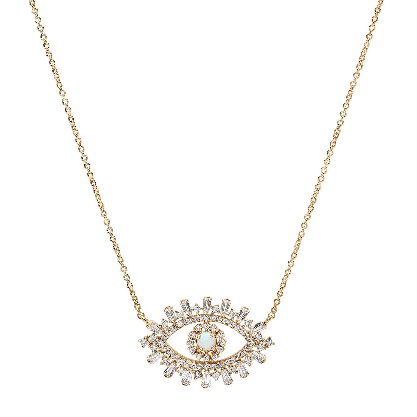 Evil Eye Necklace With Opal Center And Baguette CZ