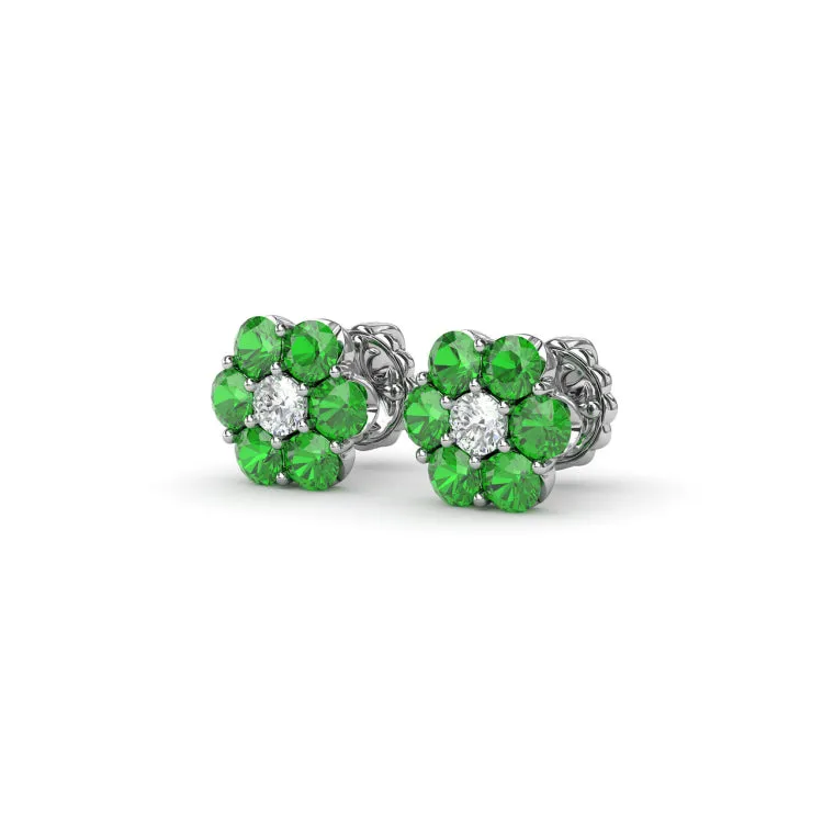 Floral Emerald And Diamond Stud Earrings