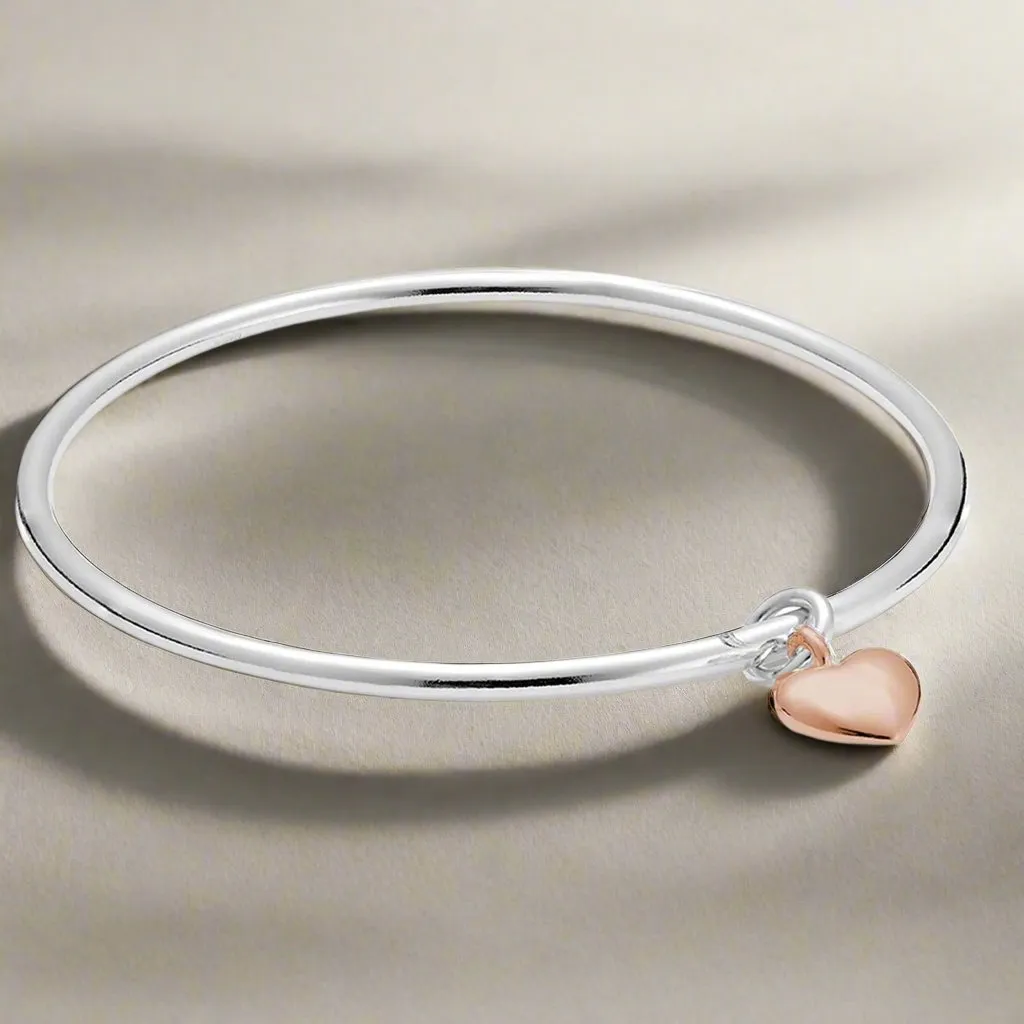 Forever Heart Silver & Solid Rose Gold Charm Bangle