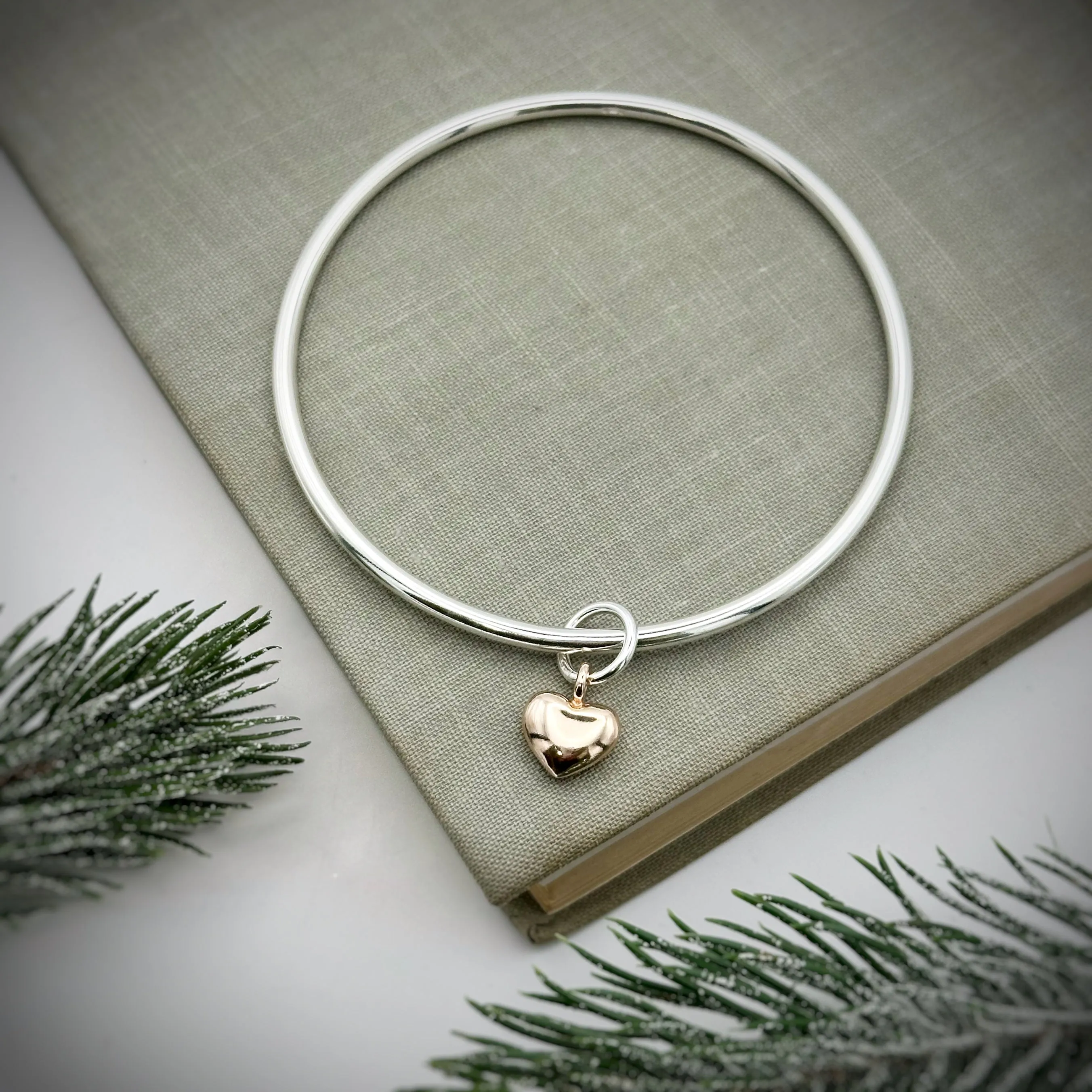 Forever Heart Silver & Solid Rose Gold Charm Bangle