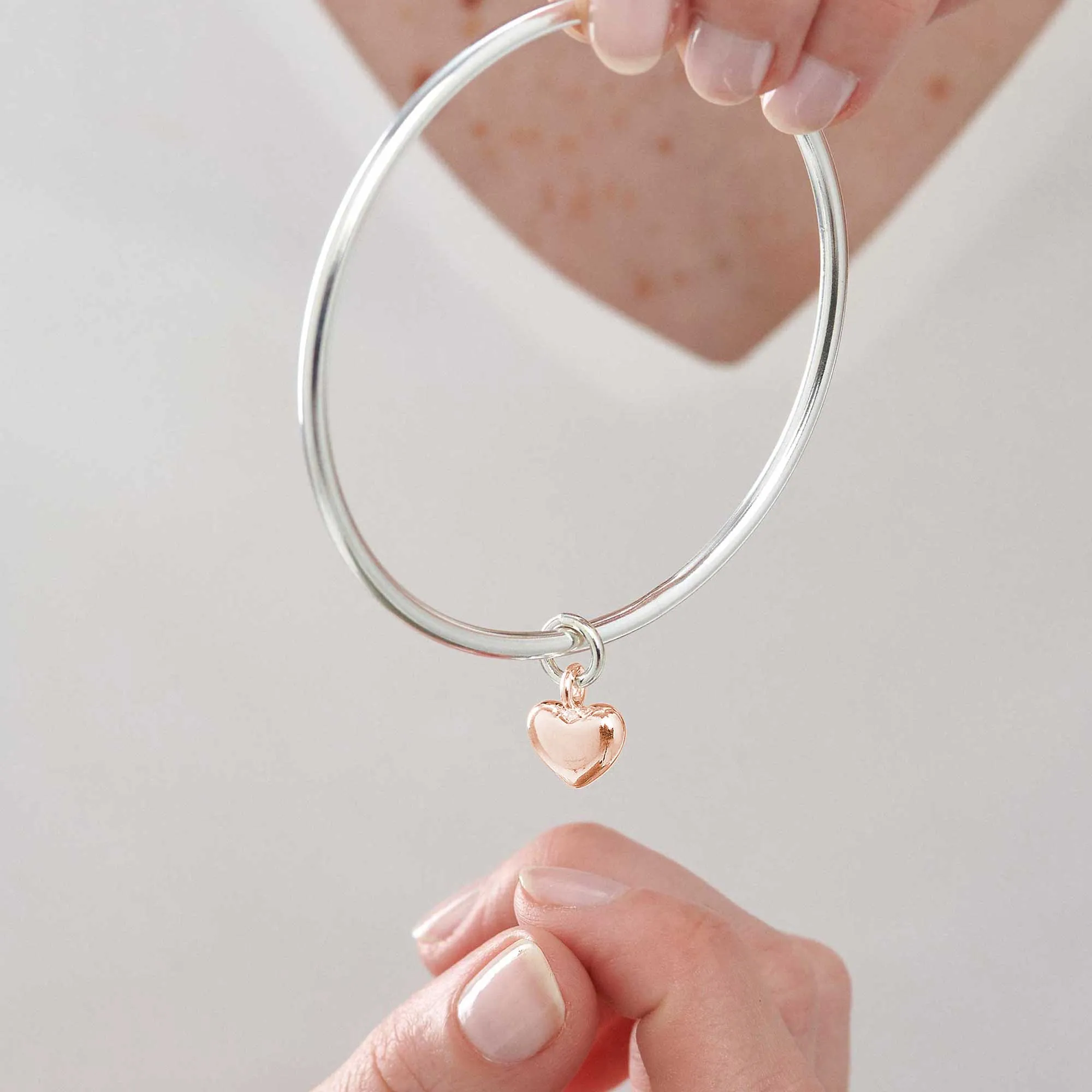 Forever Heart Silver & Solid Rose Gold Charm Bangle